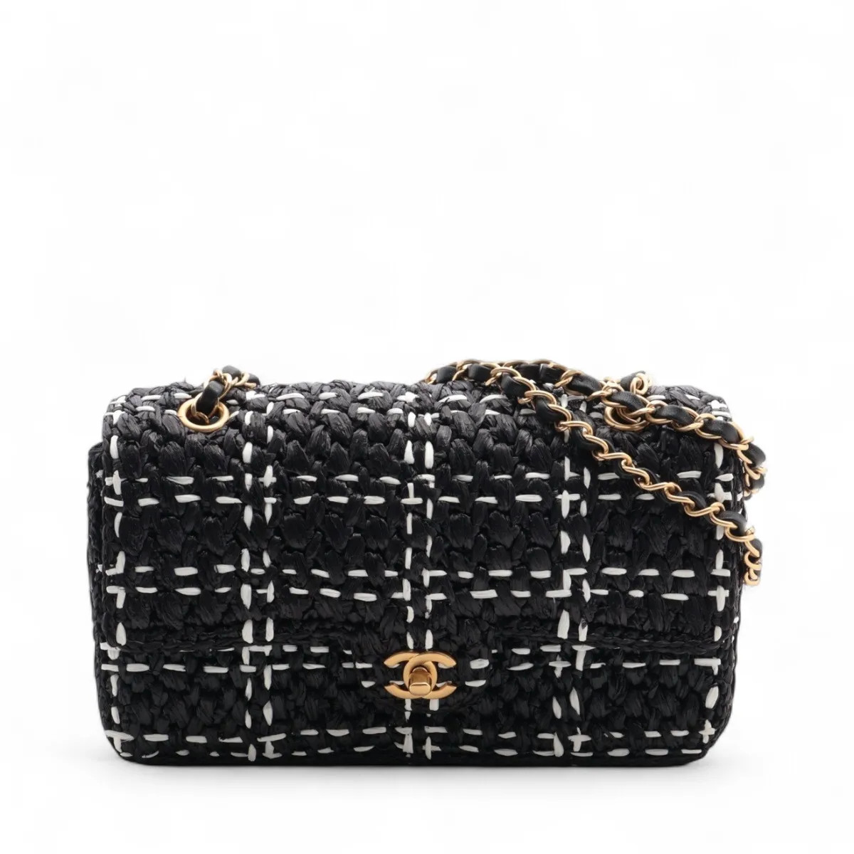 Chanel Coco Mark Raffia x leather Single Flap Double Chain Bag Black × White Gol