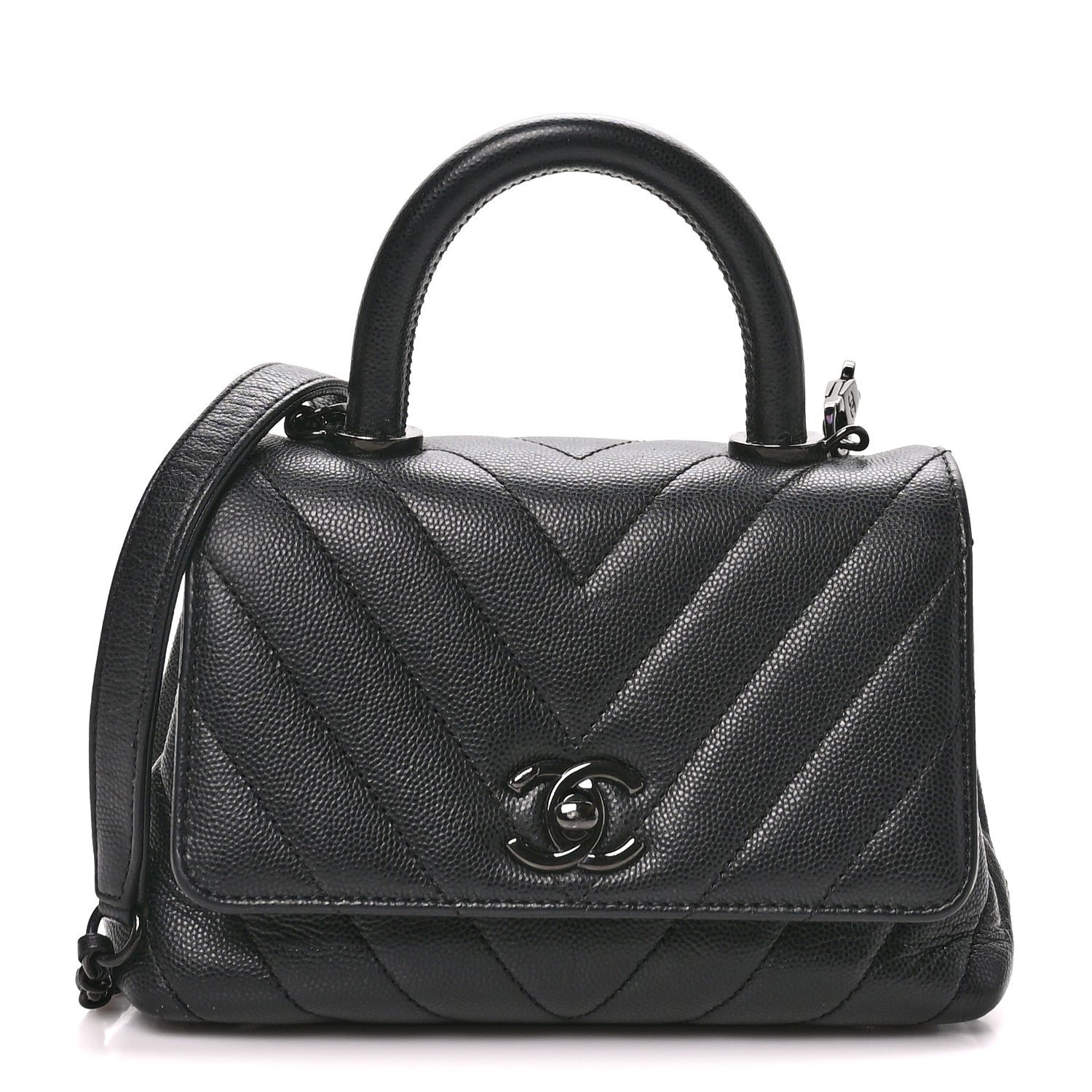 Chanel Caviar Chevron Quilted Extra Mini Coco Handle Flap So Black