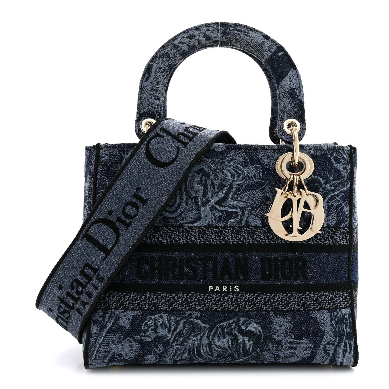 Christian Dior Canvas Toile De Jouy Reverse Embroidered Medium Lady D-Lite Navy Blue