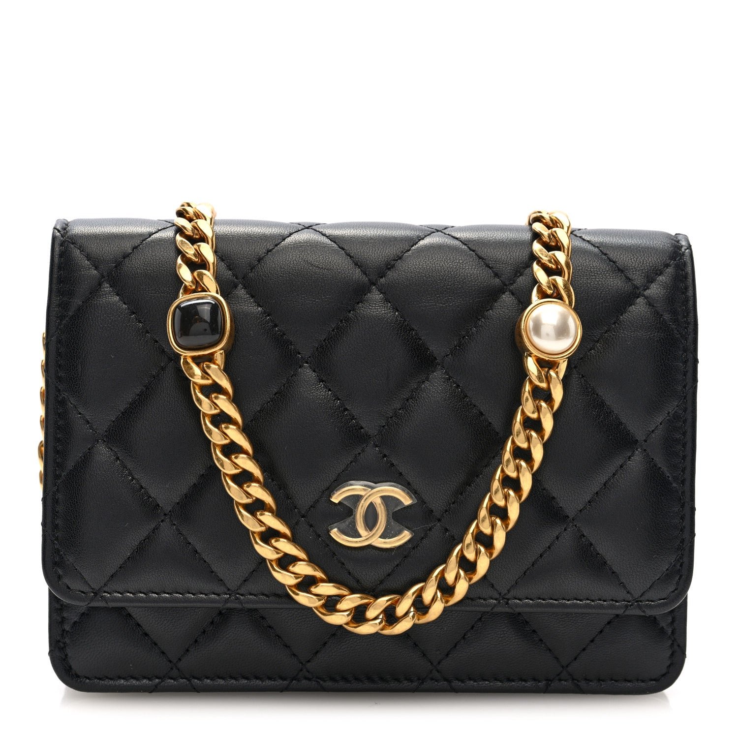 Chanel Lambskin Quilted CC Pearl Enamel Clutch on Chain WOC Black