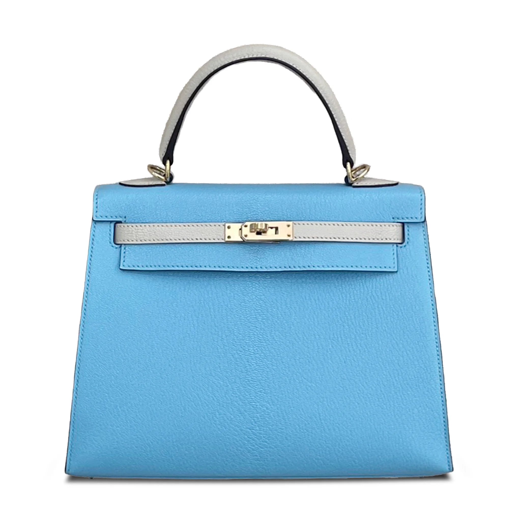 Very Good ( Rank A) HERMÈS Special Order Kelly 25 Sellier Celeste (7N) Gris Perle (80) Chevre Permabrass hardware Z (2021)