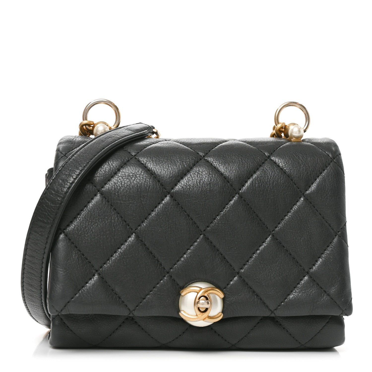 Chanel Calfskin Quilted Accordion Pearl CC Flap Bag Black Black