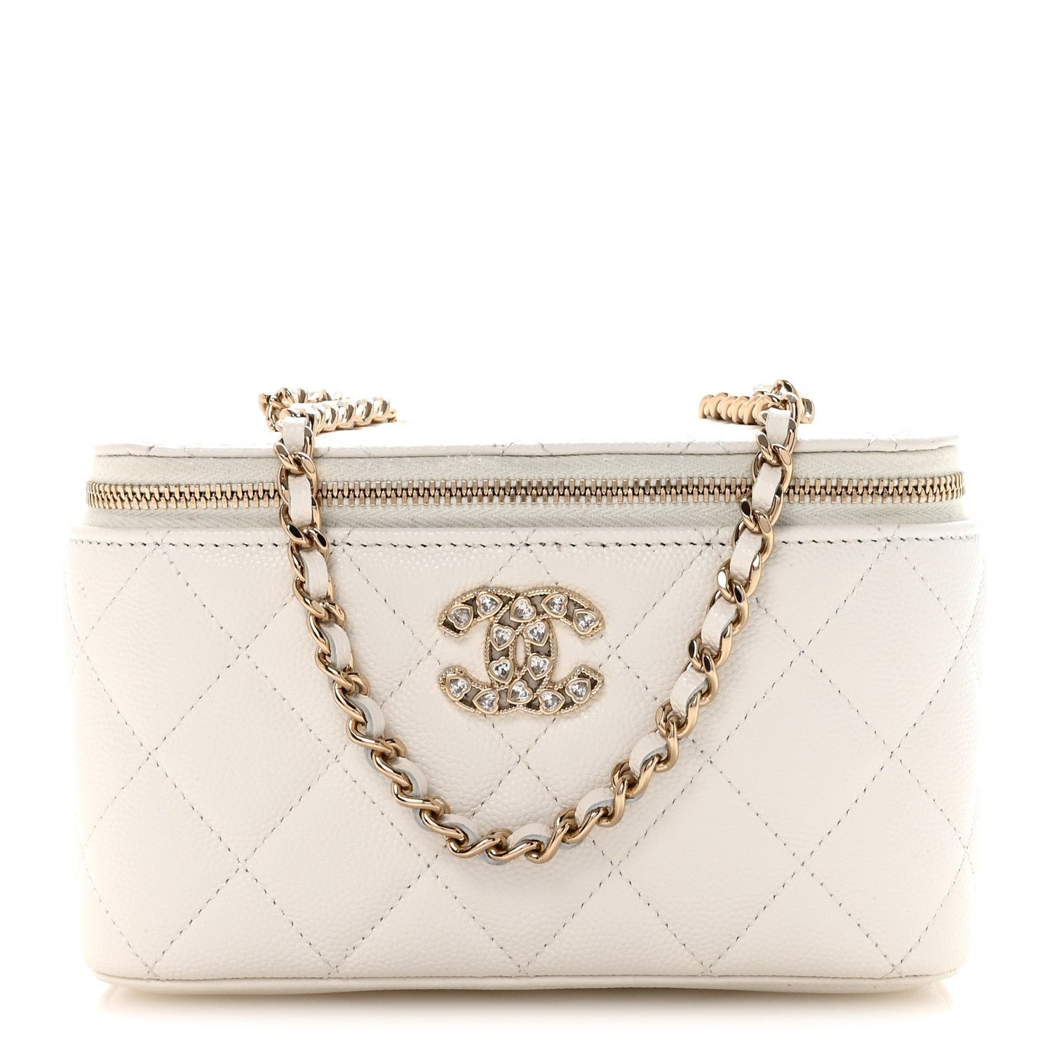 Chanel Caviar Quilted Crystal Hearts Small Vanity Case With Chain White