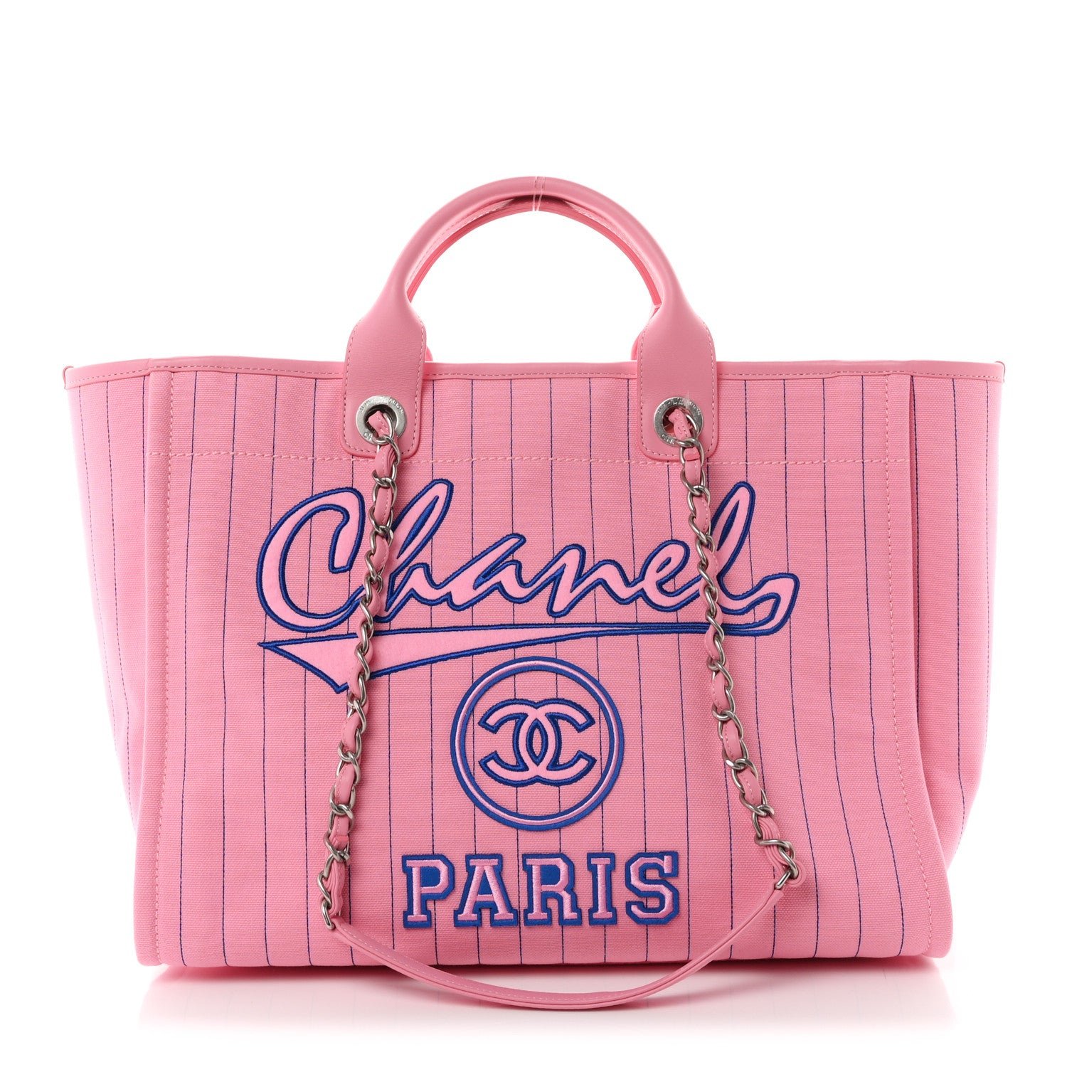 Chanel Canvas Calfskin Striped Large Deauville Tote Pink Blue