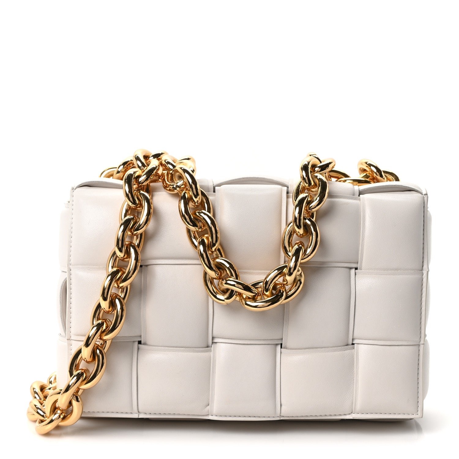 Bottega Veneta Lambskin Maxi Intreccio Padded Chain Cassette Crossbody Bag White