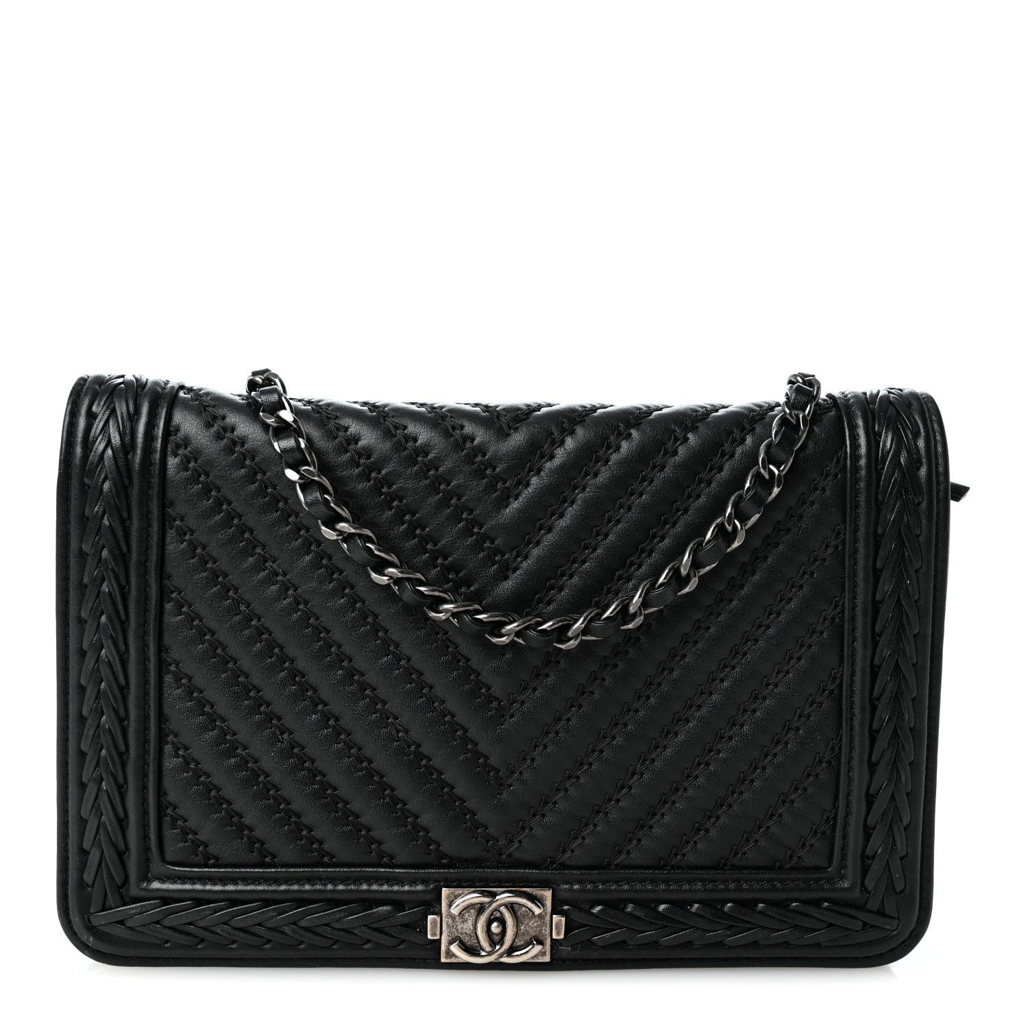Chanel Calfskin Chevron Quilted Braided Boy Wallet On Chain WOC Black