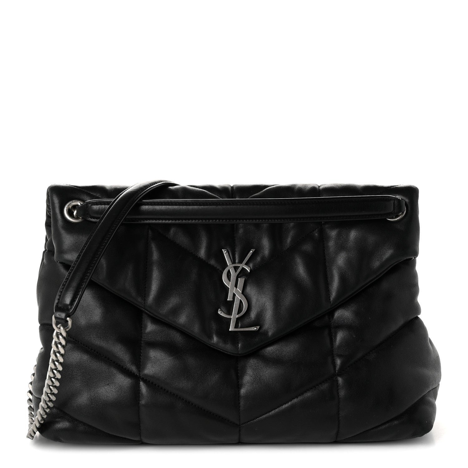 Saint Laurent Lambskin Quilted Medium Loulou Puffer Monogram Chain Satchel Black