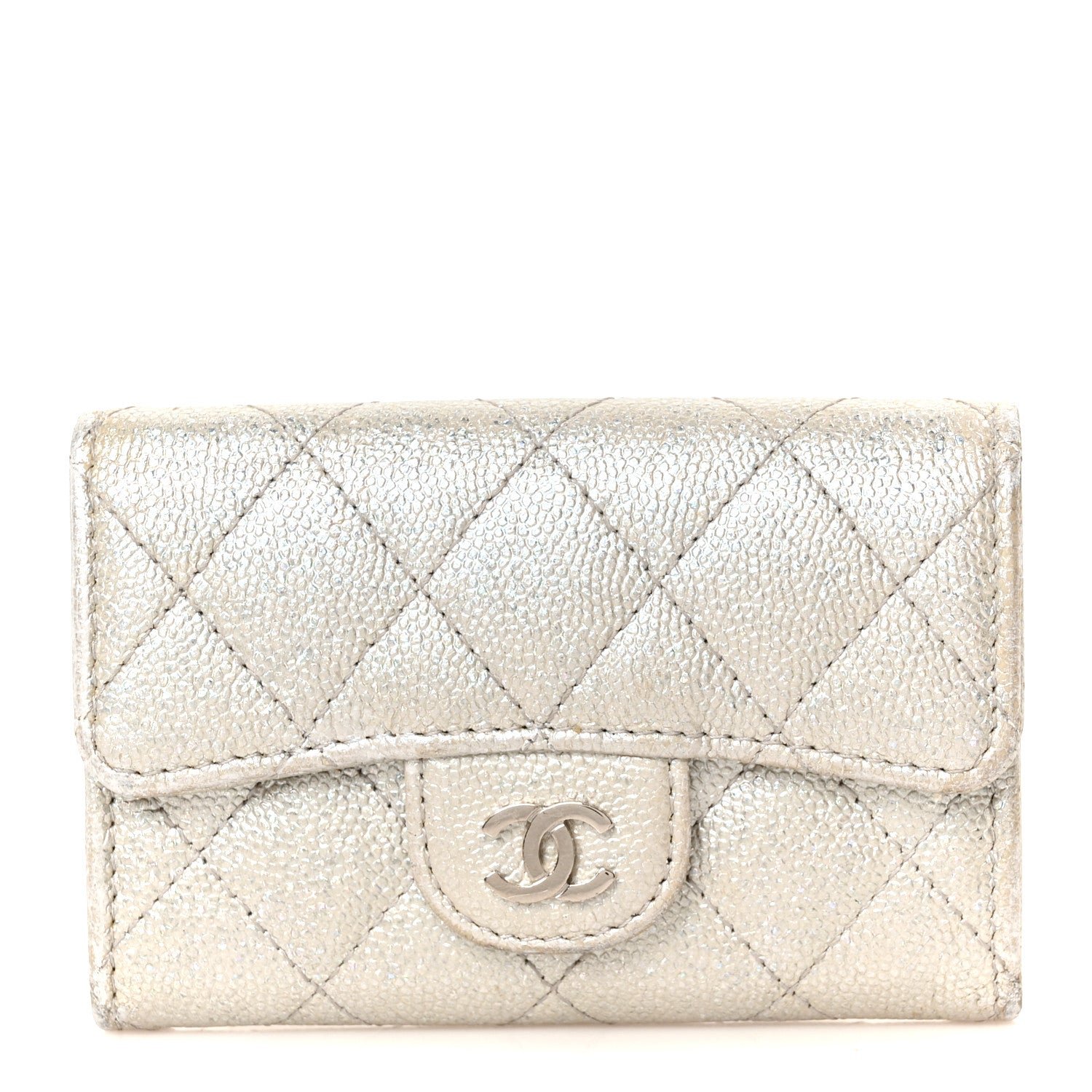 Chanel Glittered Metallic Caviar Quilted Flap Card Holder Wallet Silver