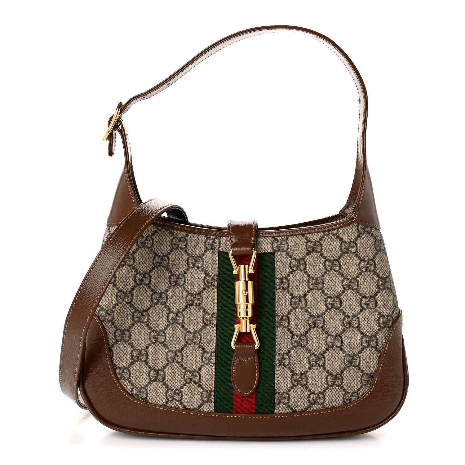 Gucci GG Supreme Monogram Azalea Calfskin Web Small Jackie 1961 Hobo Beige Ebony Brown Sugar