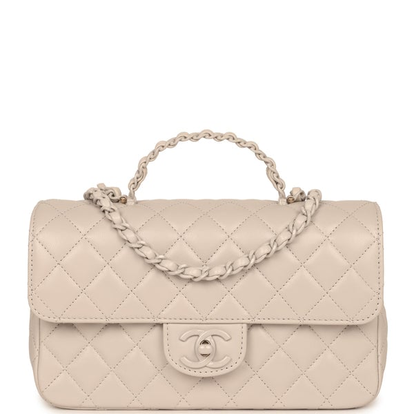 Chanel Small Flap Bag with Top Handle Light Grey Lambskin Lacquered Metal Hardware