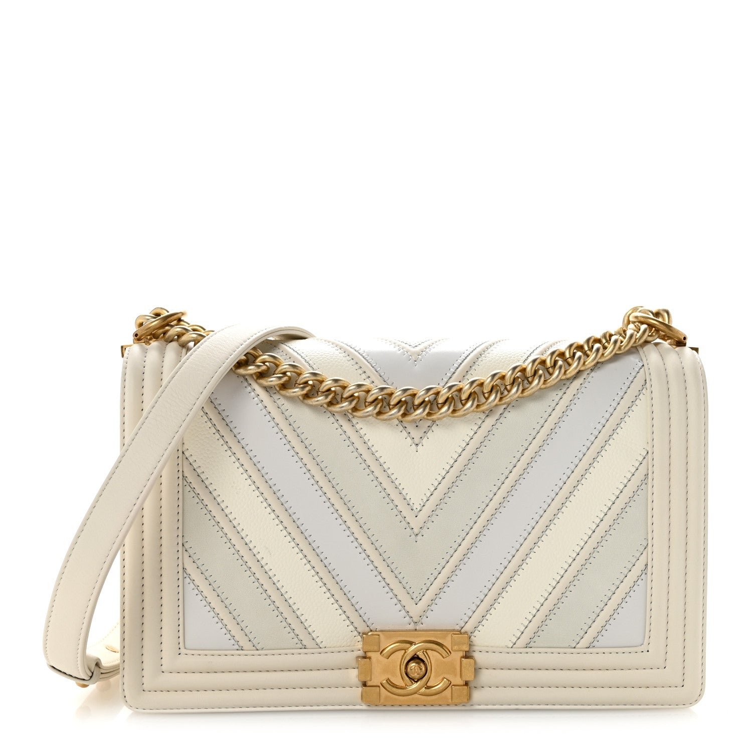 Chanel Caviar Calfskin Shiny Calfskin Chevron New Medium Boy Flap White