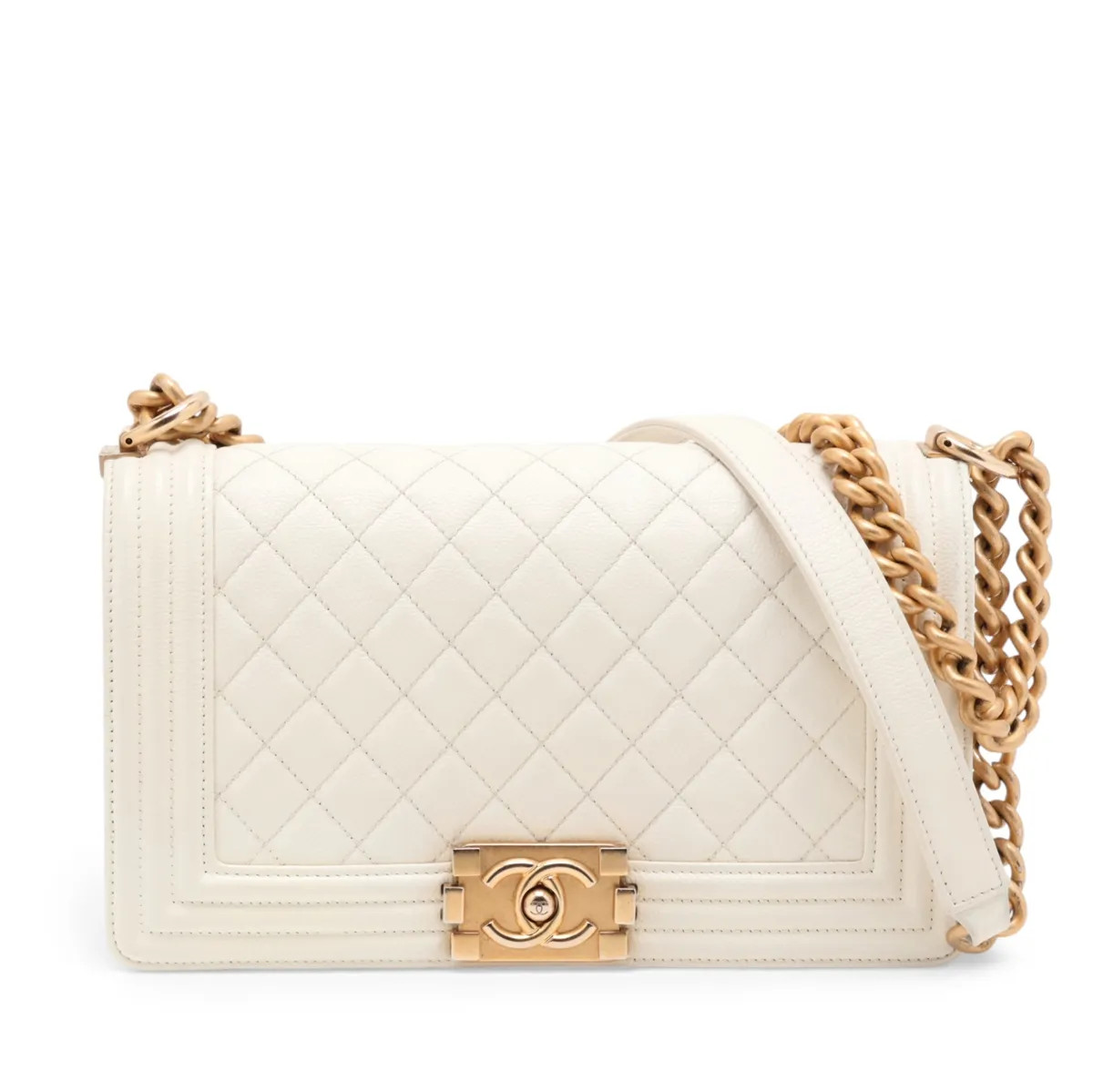 Chanel BOY CHANEL 25 Caviar Skin Chain Shoulder Bag White Gold Metal Fittings ra