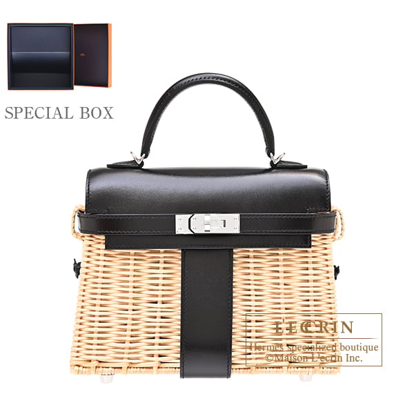 Hermes Kelly bag mini Picnic Black Box calf leather/Wicker Silver hardware