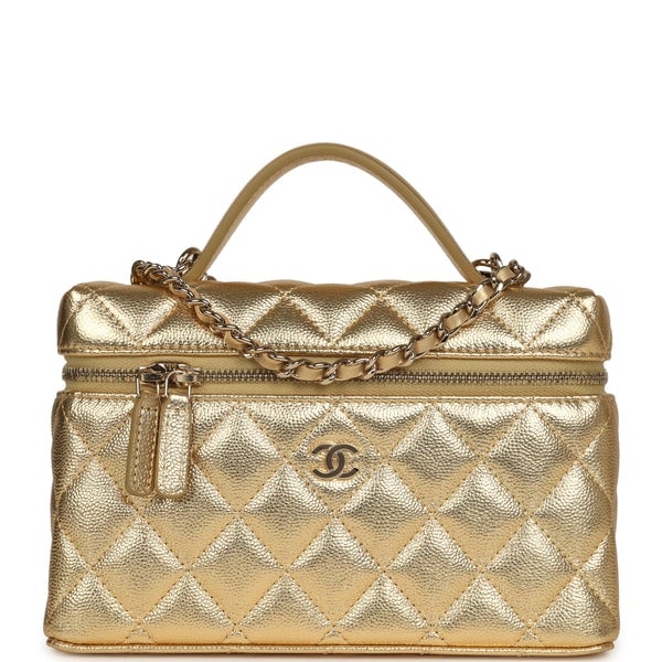 Chanel Top Handle Long Vanity Case with Chain Gold Metallic Caviar Light Gold Hardware