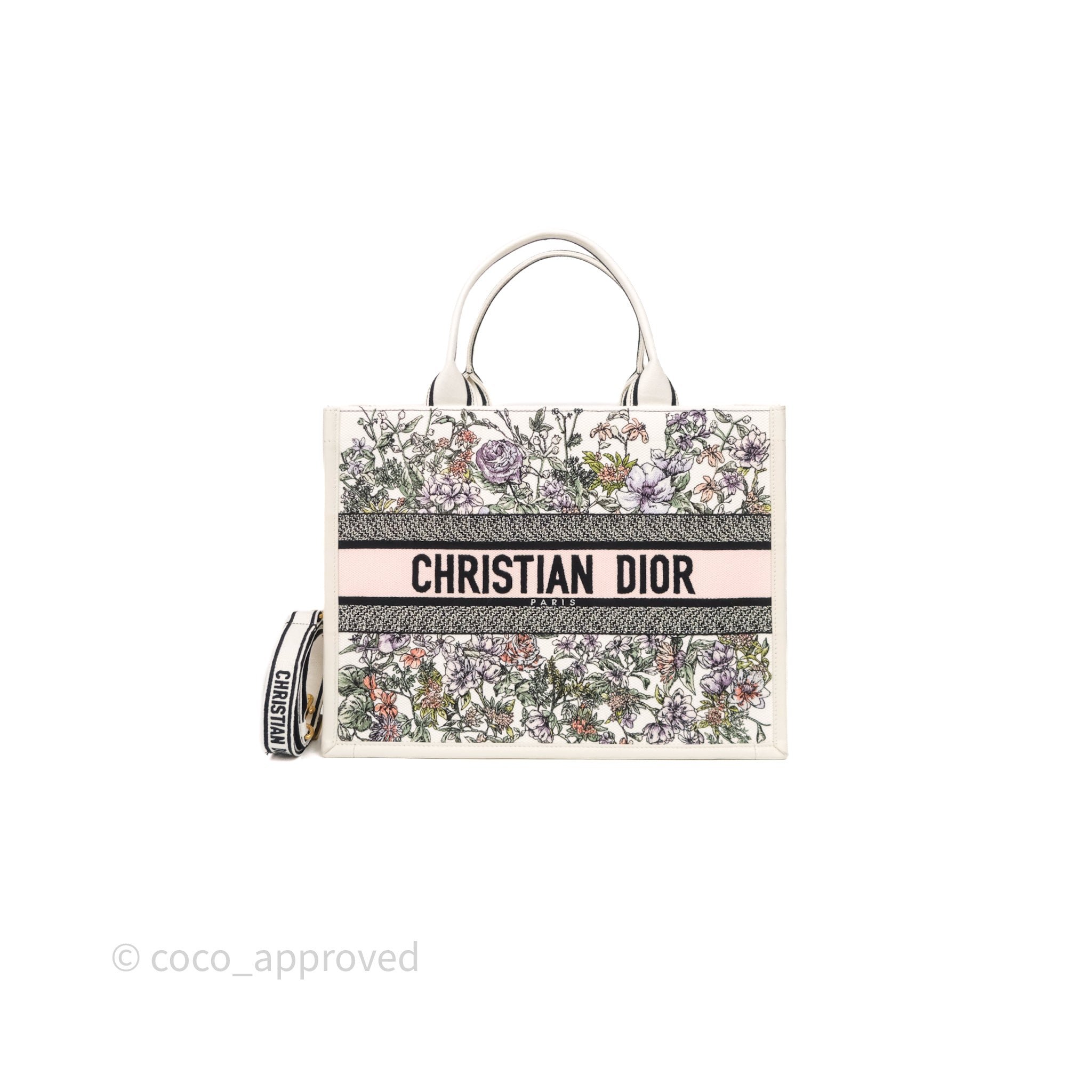 Christian Dior Medium Dior Book Tote with Strap Floral Embroidered