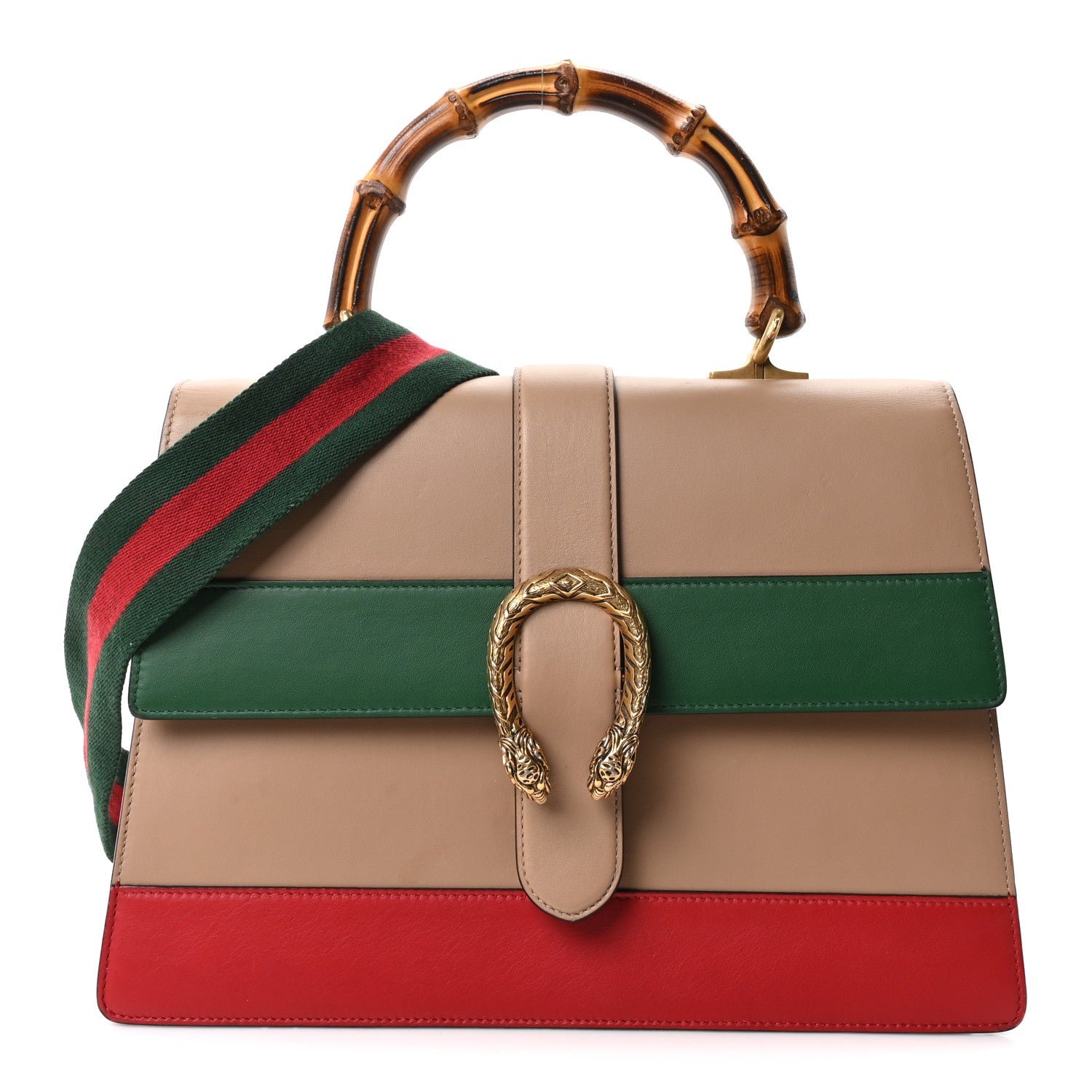 Gucci Moon Calfskin Web Large Dionysus Bamboo Top Handle Bag Camelia Bright Evergreen Hibiscus Red