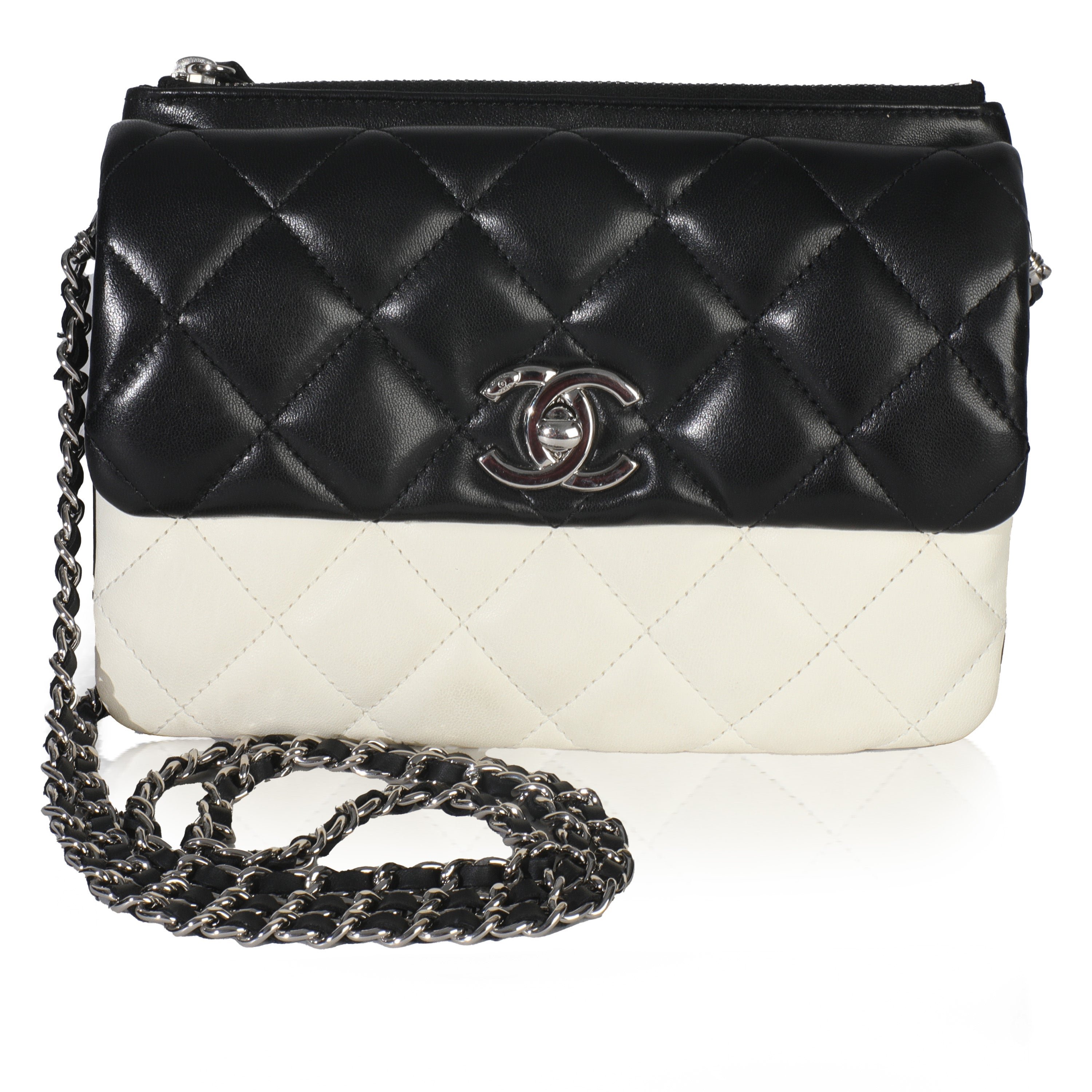 Chanel Black White Quilted Lambskin Front Pocket Chain Flap Bag