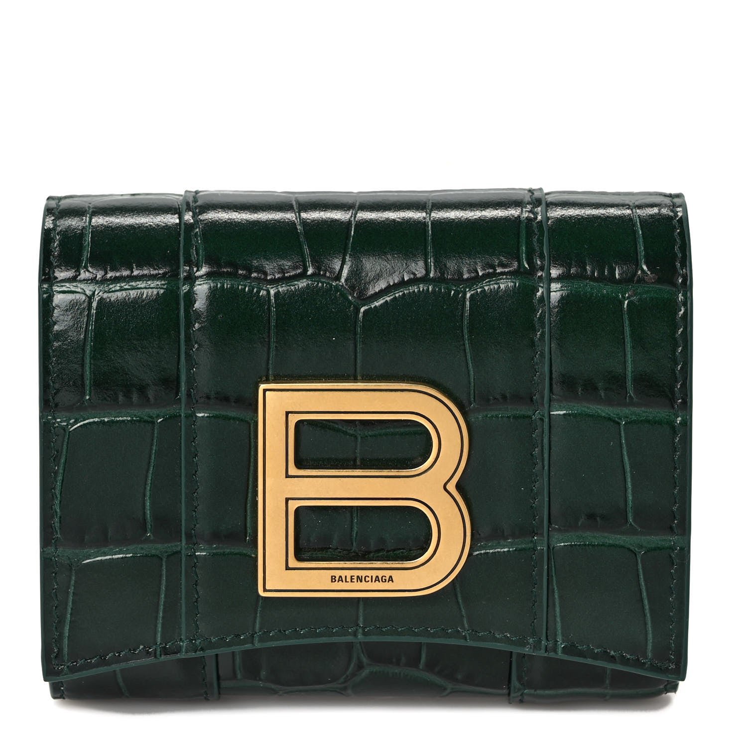 Balenciaga Shiny Calfskin Crocodile Embossed Hourglass Compact Wallet Forest Green