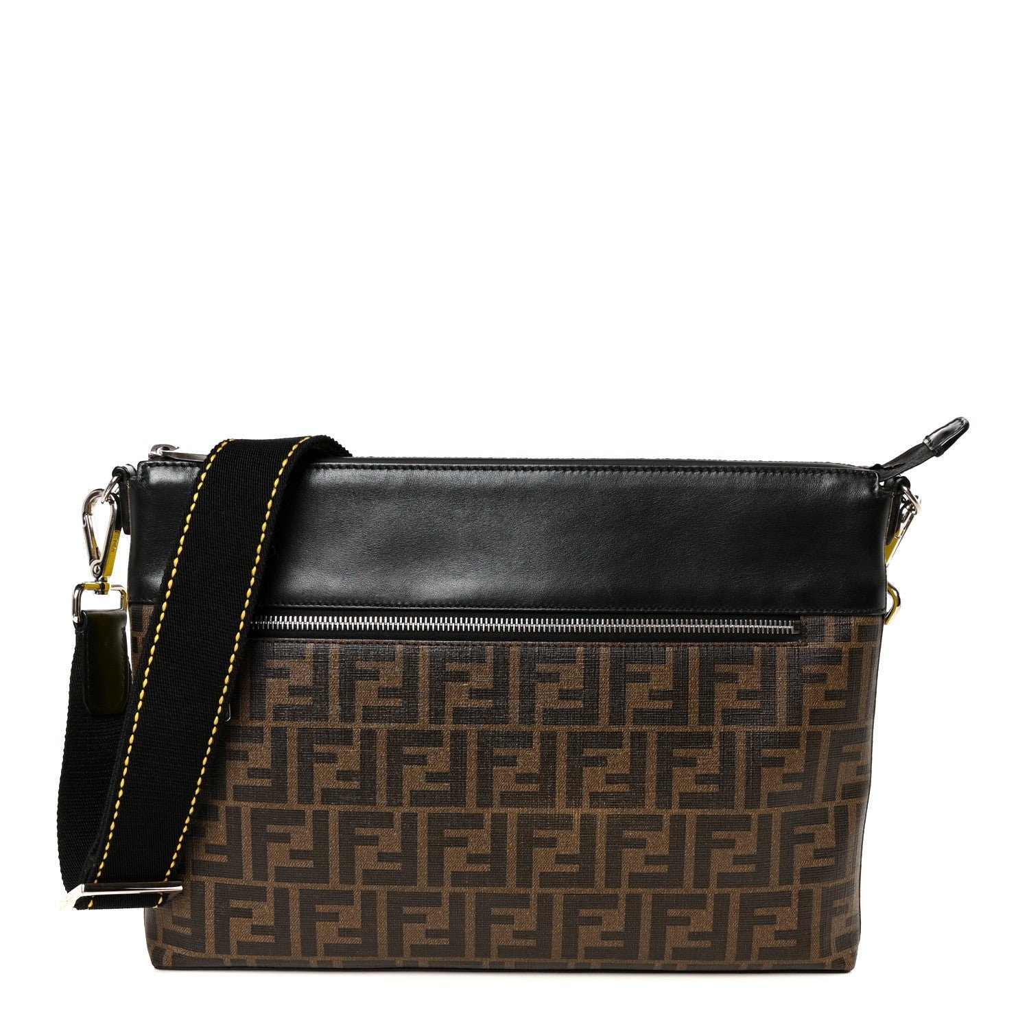 Fendi Glazed Fabric Vitello Liberty FF 1974 Medium East West Messenger Black Sunflower
