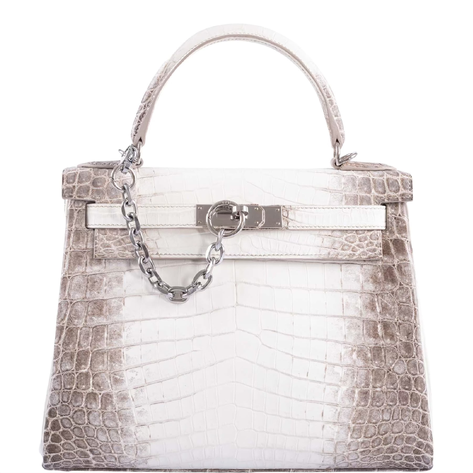 Hermes Hermès Kelly 25 Retourne White Himalayan Niloticus Crocodile Palladium Hardware