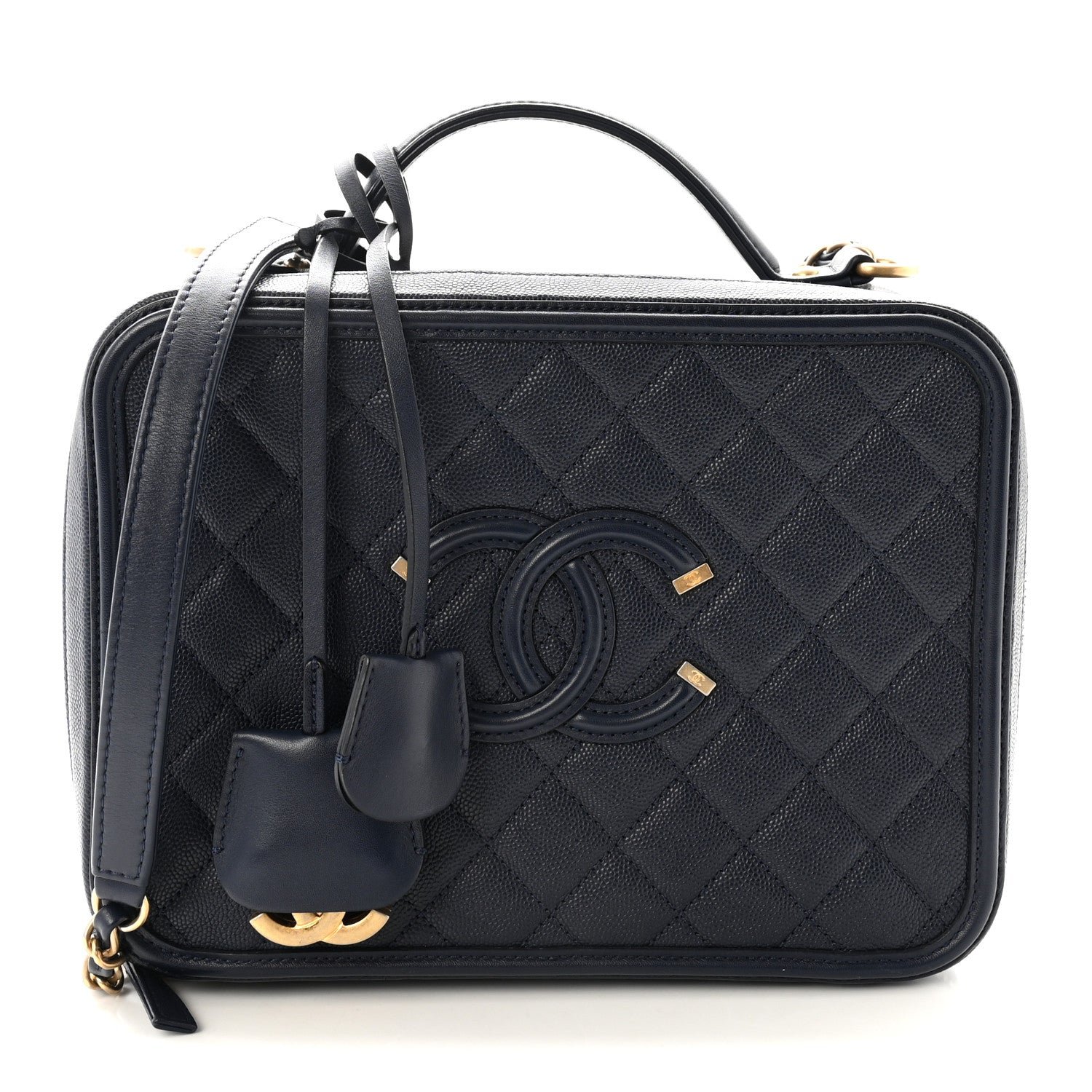 Chanel Caviar Quilted Large CC Filigree Vanity Case Navy