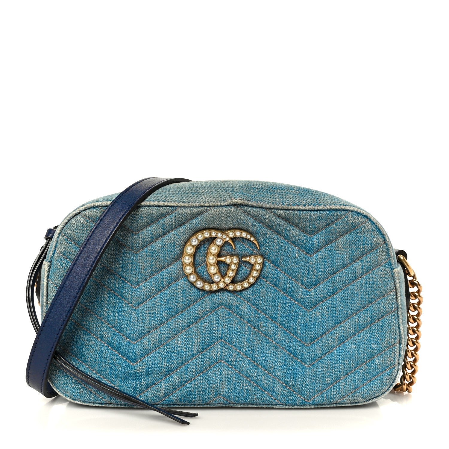 Gucci Denim Matelasse Small Pearly GG Marmont Chain Shoulder Bag Blue