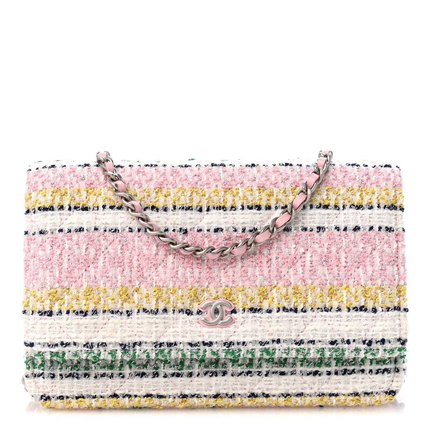 Chanel Metallic Tweed Quilted Wallet On Chain WOC White Multicolor