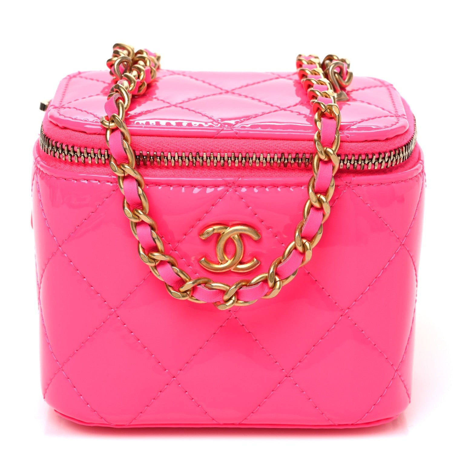 Chanel Patent Quilted Pearl Crush Mini Vanity Case With Chain Neon Pink