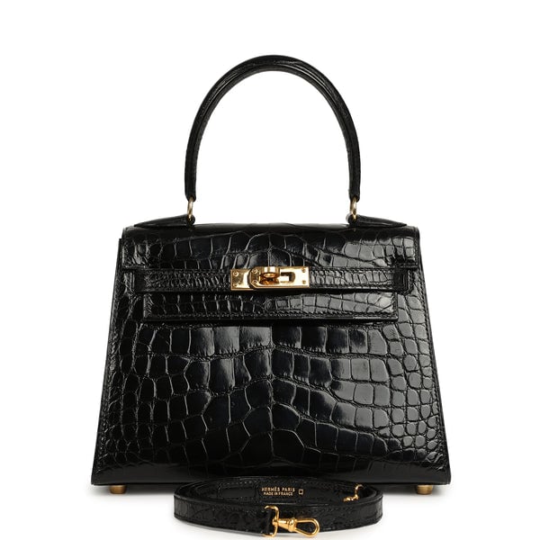 Vintage Hermes Kelly Sellier 20 Black Shiny Alligator Mississippiensis Gold Hardware