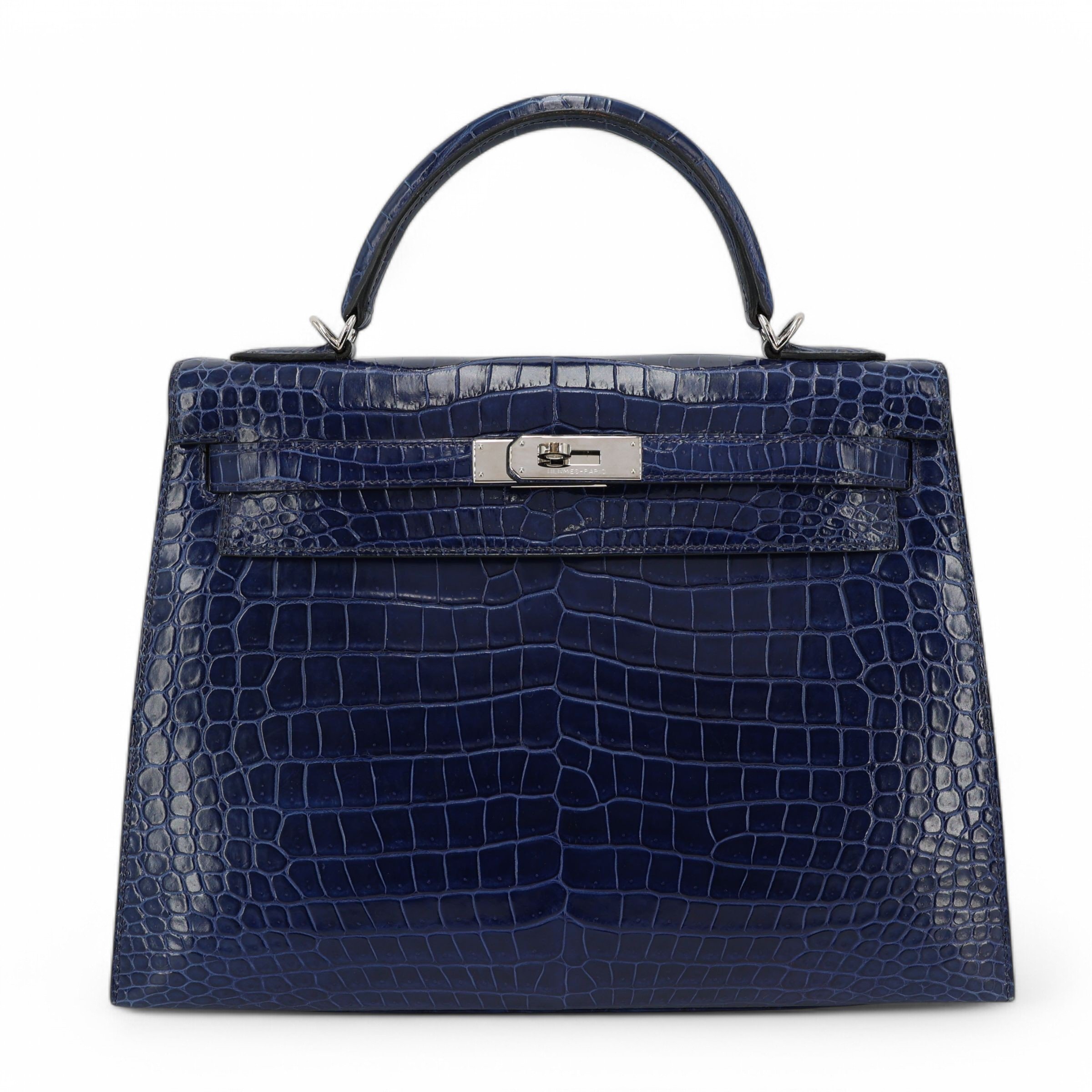 Hermes Very Good ( Rank A) HERMÈS Kelly 32 Sellier Bleu Electrique (7T) Shiny Porosus Crocodile Palladium hardware Square O (2011)