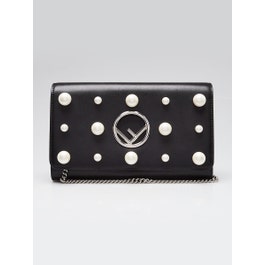 Fendi Black Leather Faux Pearl Wallet On Chain Clutch Bag 8BS004