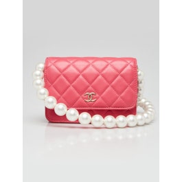 Chanel Pink Quilted Lambskin Leather Maxi Pearls Clutch With Chain Bag