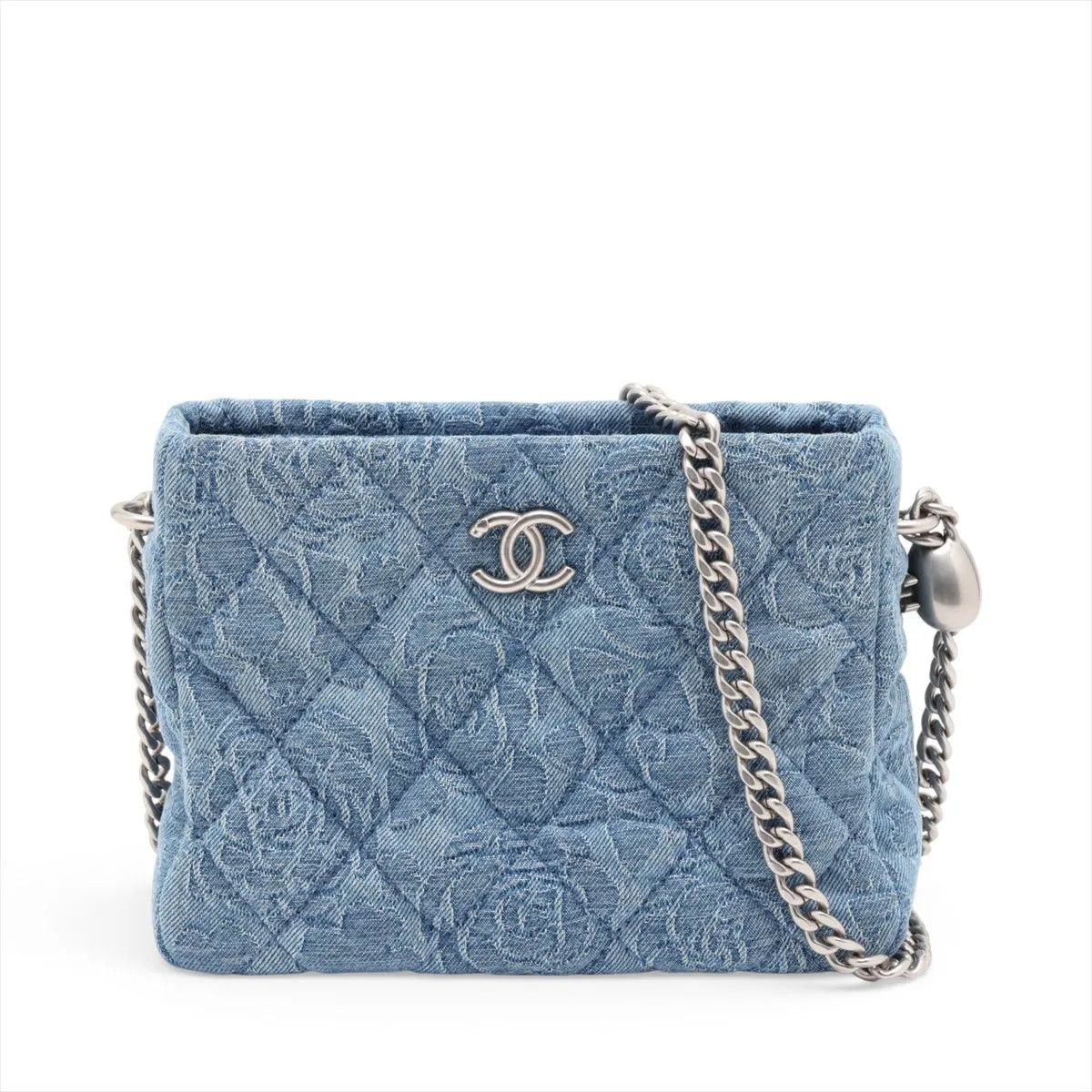 Chanel Matelasse Denim Chain Shoulder Bag Camelia Blue Silver Metal Fittings ran