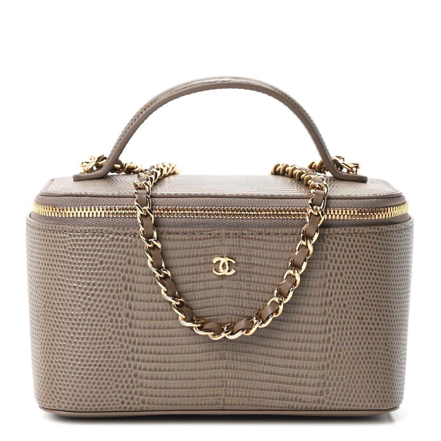 Chanel Calfskin Lizard Embossed Top Handle Vanity With Chain Dark Khaki