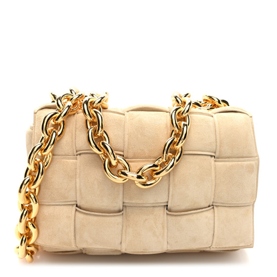 Bottega Veneta Suede Maxi Intrecciato Padded Chain Cassette Crossbody Bag Sand