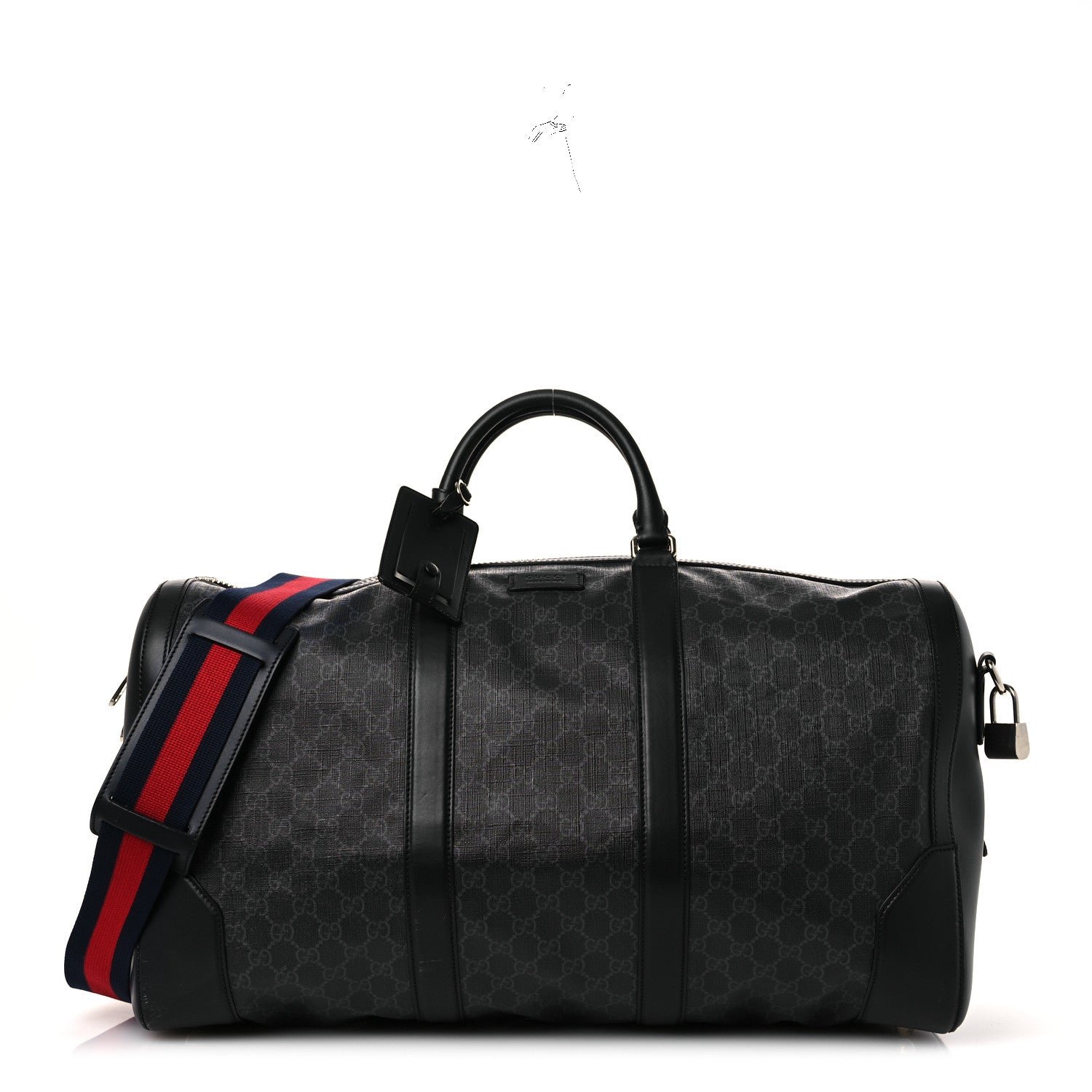 Gucci Soft GG Supreme Monogram Appia Calfskin Web Large Carry On Duffle Bag Black Grey