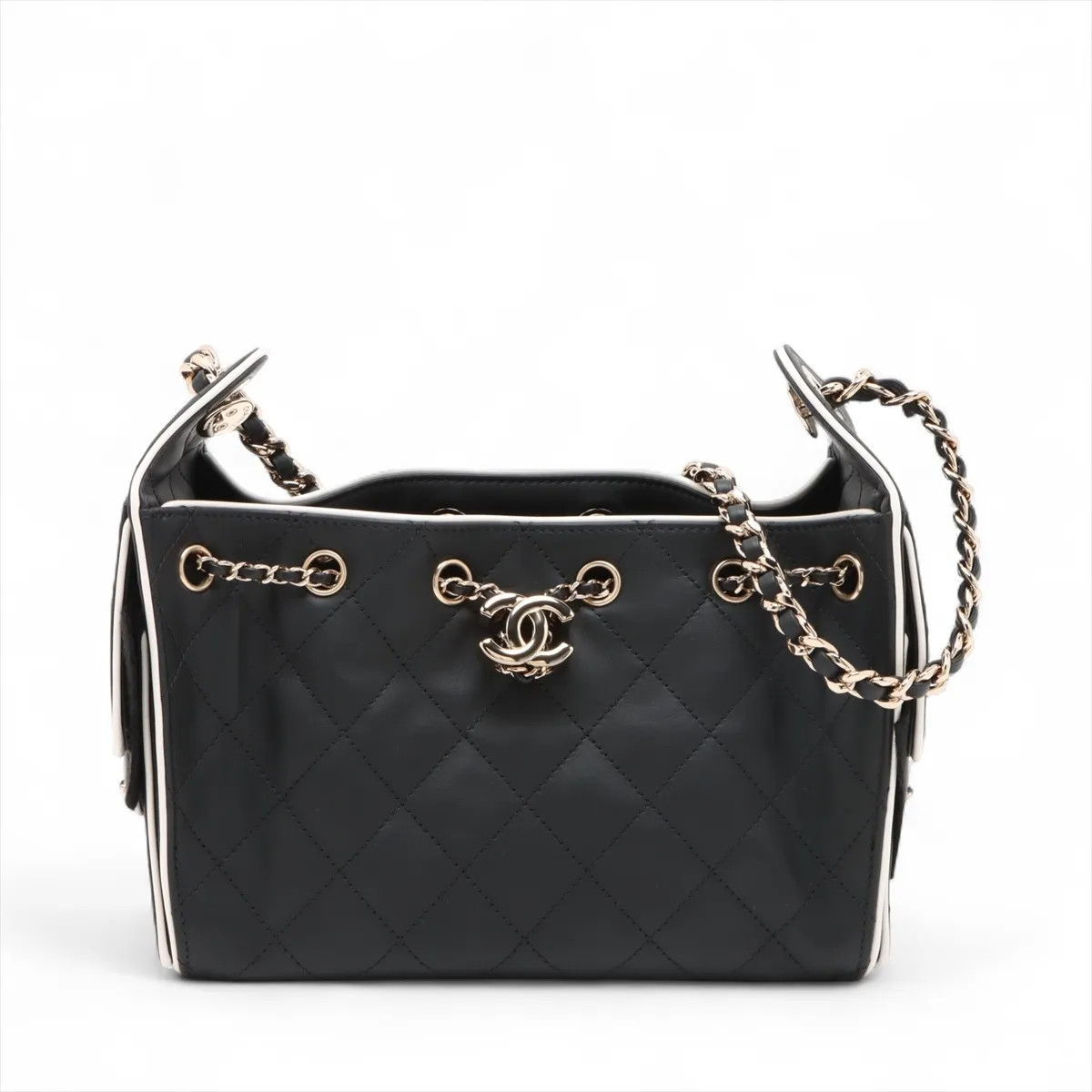 Chanel Chanel 25 Mini Calfskin Chain Shoulder Bag Black × White Gold Metal Fitti