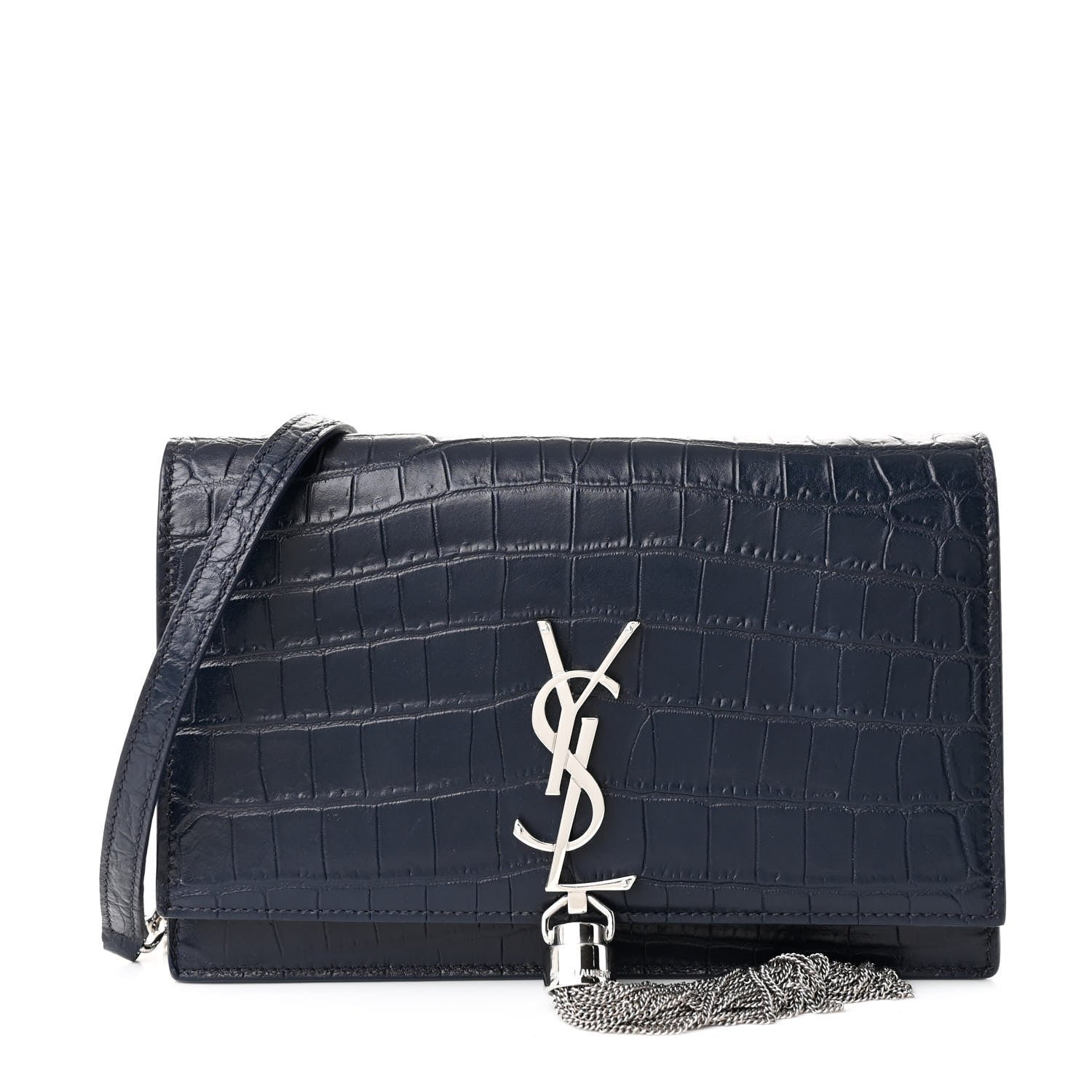 Saint Laurent Calfskin Crocodile Embossed Kate Monogram Tassel Chain Wallet Deep Marine