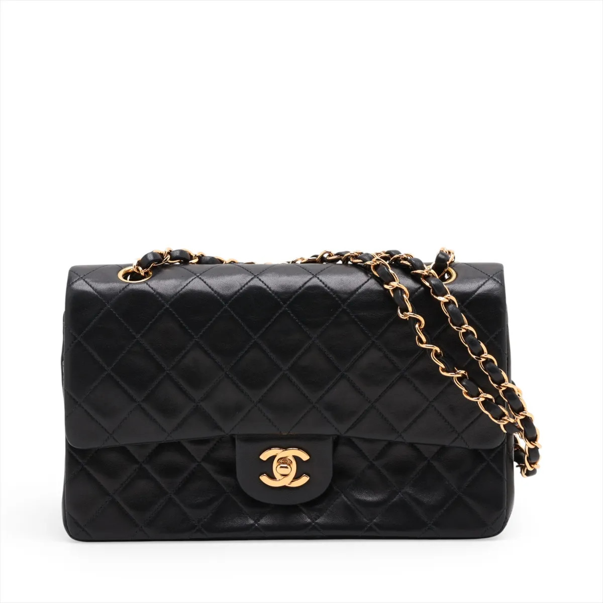 Chanel Matelasse 25 Lambskin Double Flap Double Chain Bag Navy Blue Gold Metal F