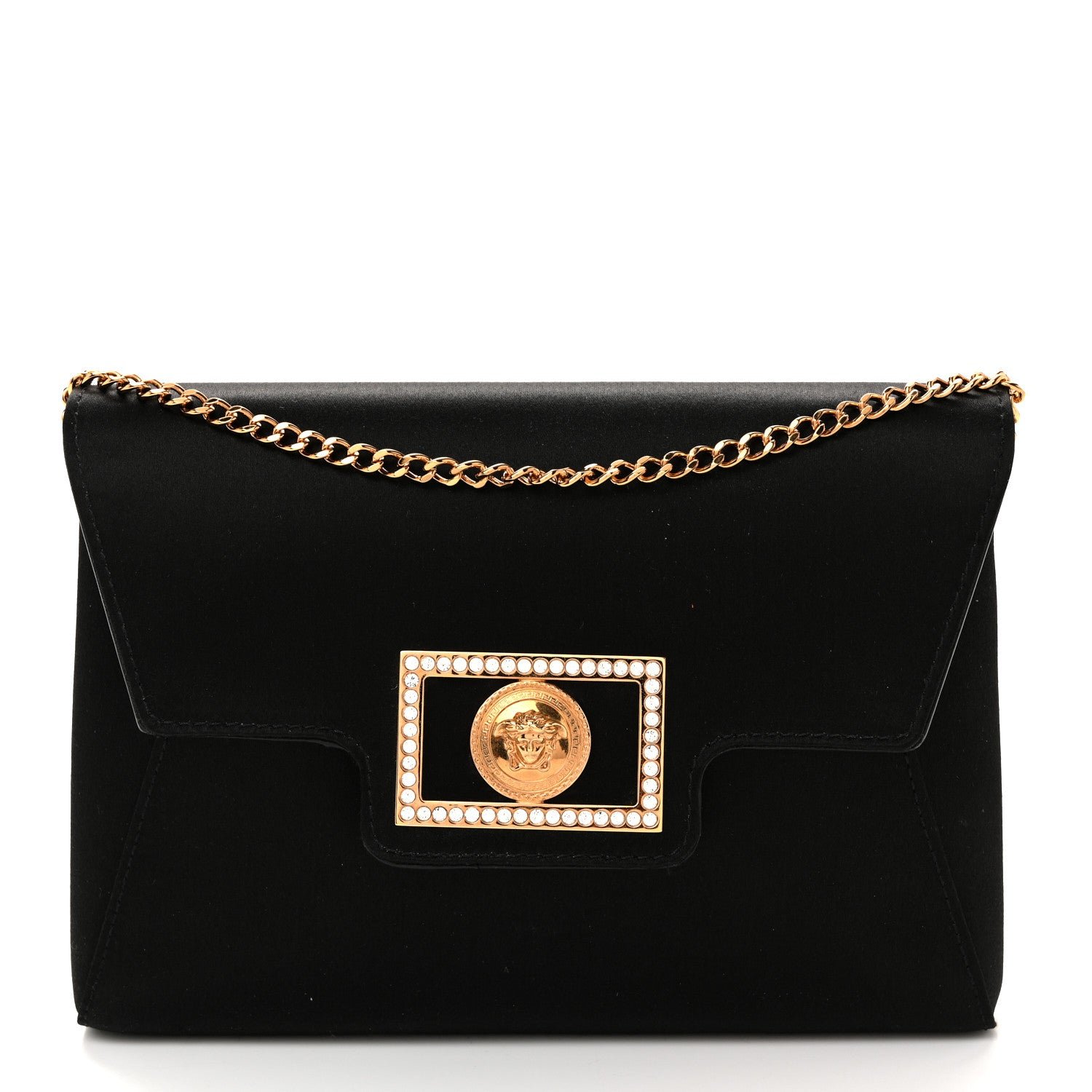 Versace Versace Satin Crystal La Medusa Pouch On Chain Black