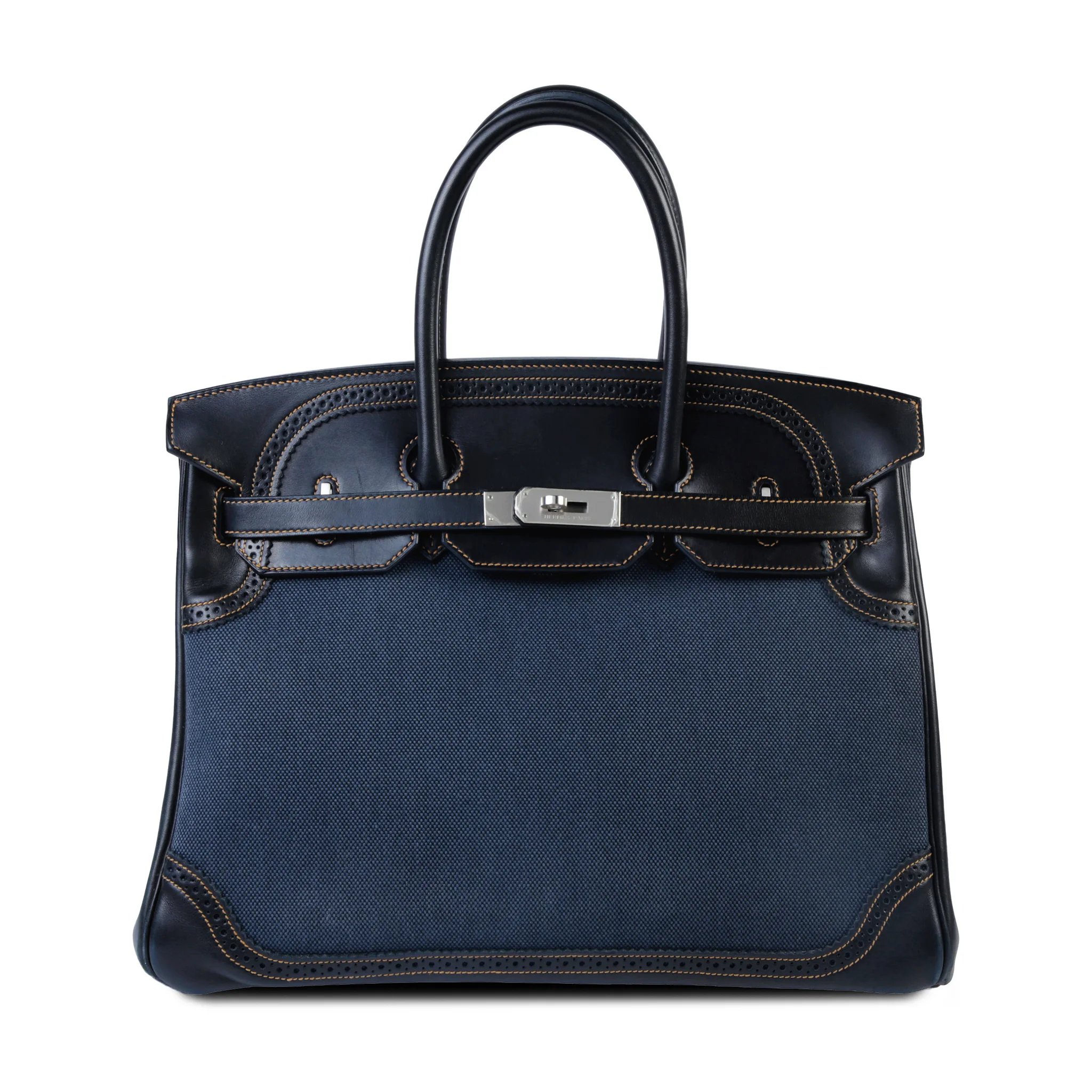 Very Good ( Rank A) HERMÈS Birkin Ghillies 35 Noir (89) Denim Denim Evercalf Brushed Palladium Square P (2012)
