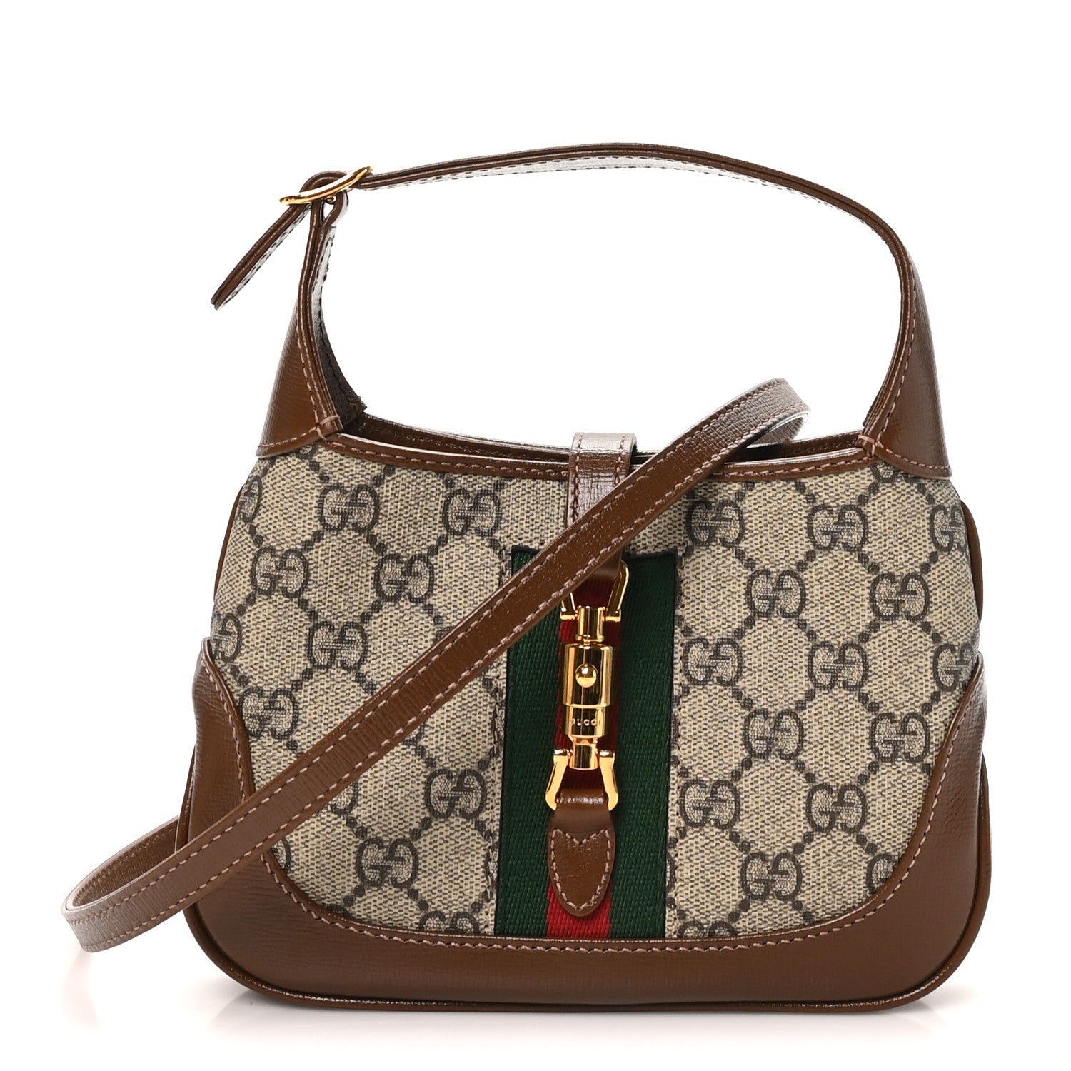 Gucci GG Supreme Monogram Azalea Calfskin Web Mini Jackie 1961 Hobo Beige Ebony Brown Sugar