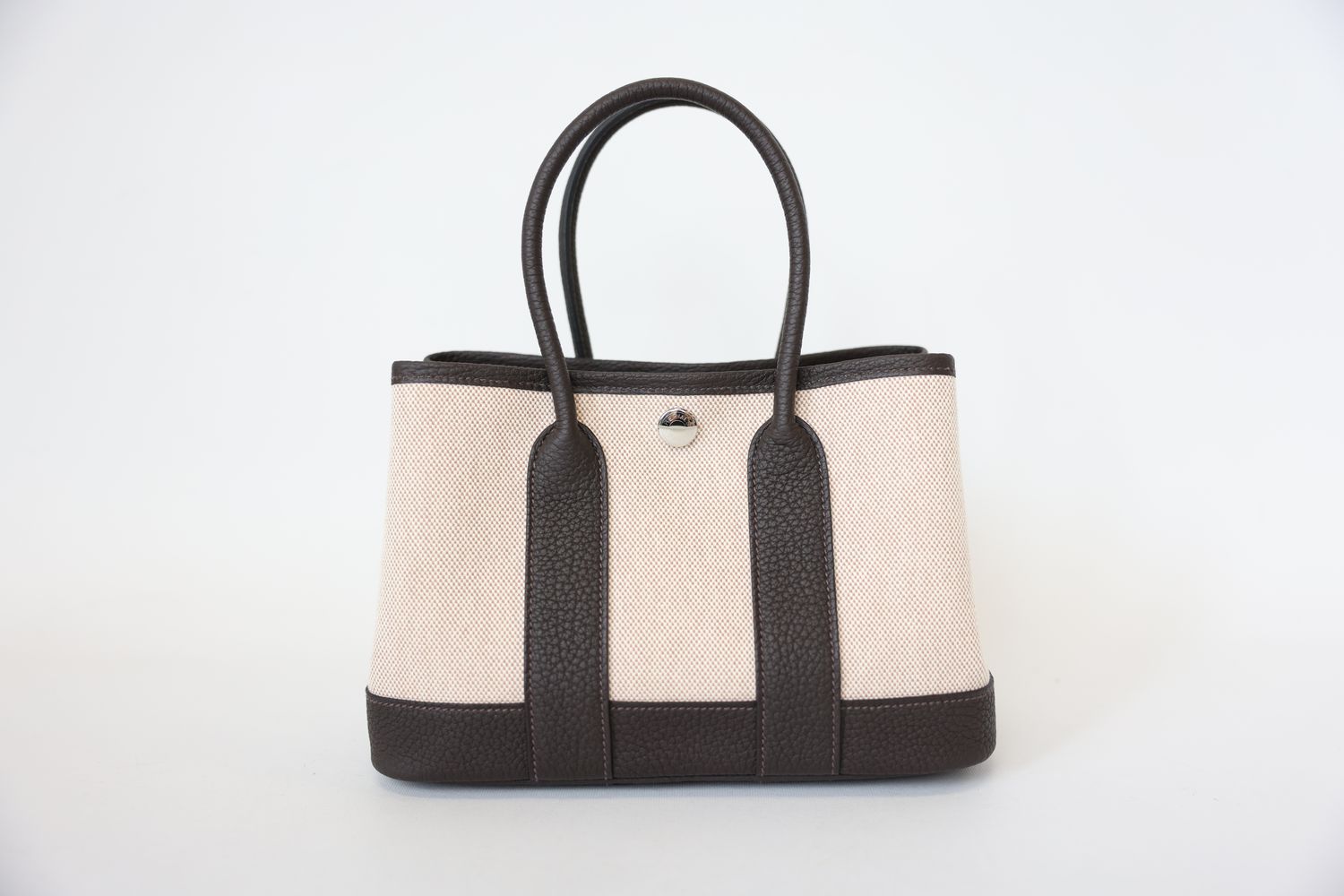 Hermes Garden Party 23 Mini Bag, Ecru Beige Canvas and Dark Brown Ebene Leather with Palladium Hardware, K 2025 Stamp, New in Box WA001