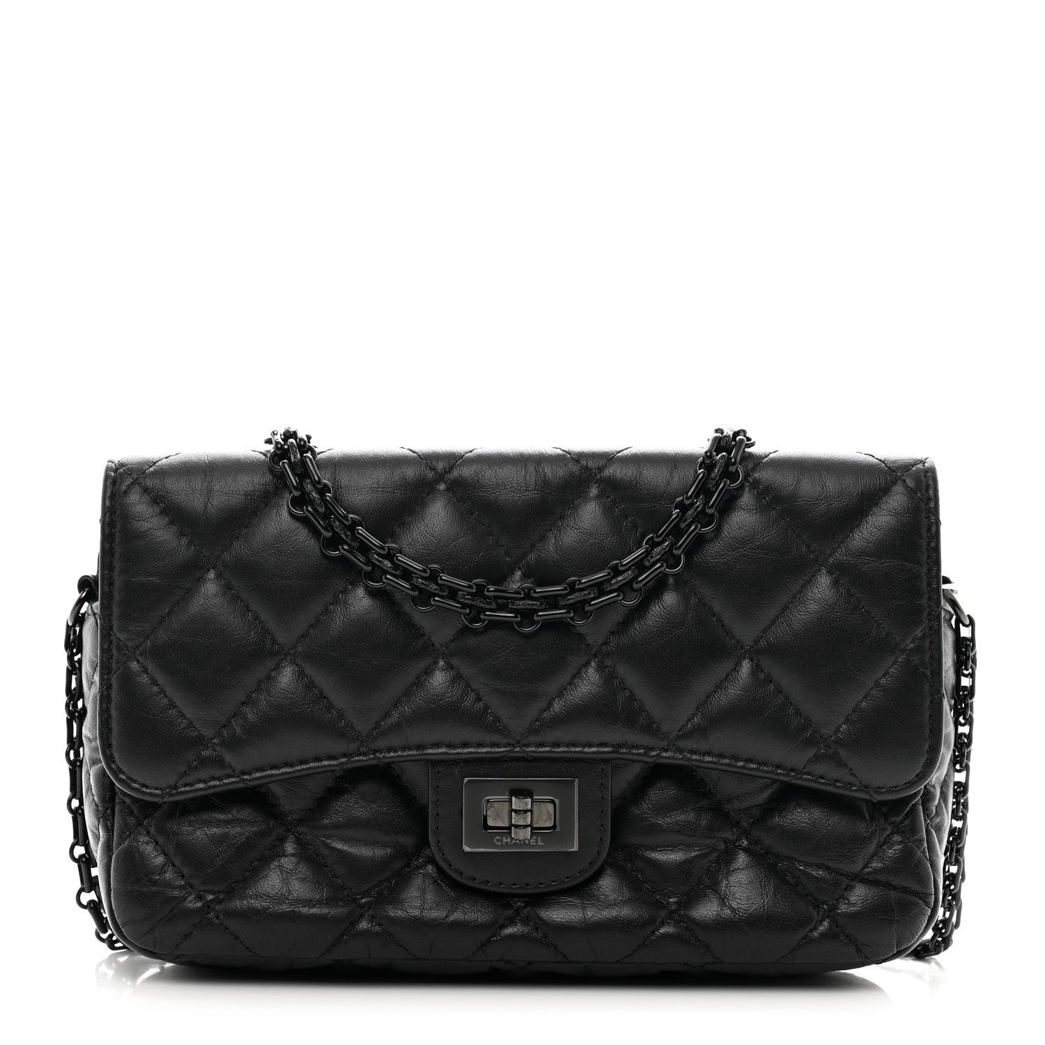 Chanel Aged Calfskin Quilted 2.55 Reissue Phone Holder With Chain So Black