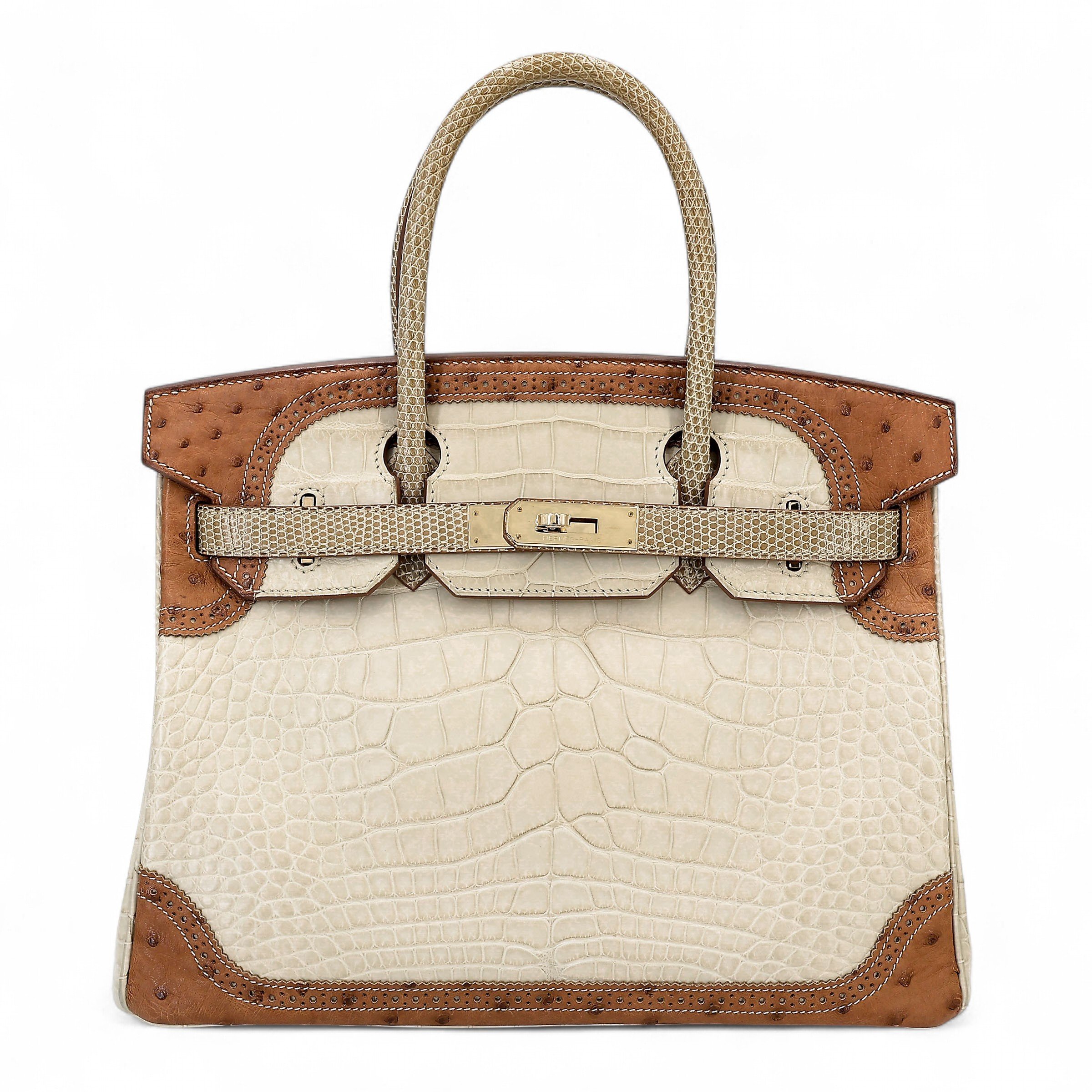 Hermes Very Good ( Rank A) HERMÈS Birkin Ghillies 30 Beton (8L) Matte Alligator Lizard Ostrich Permabrass hardware Square R (2014)