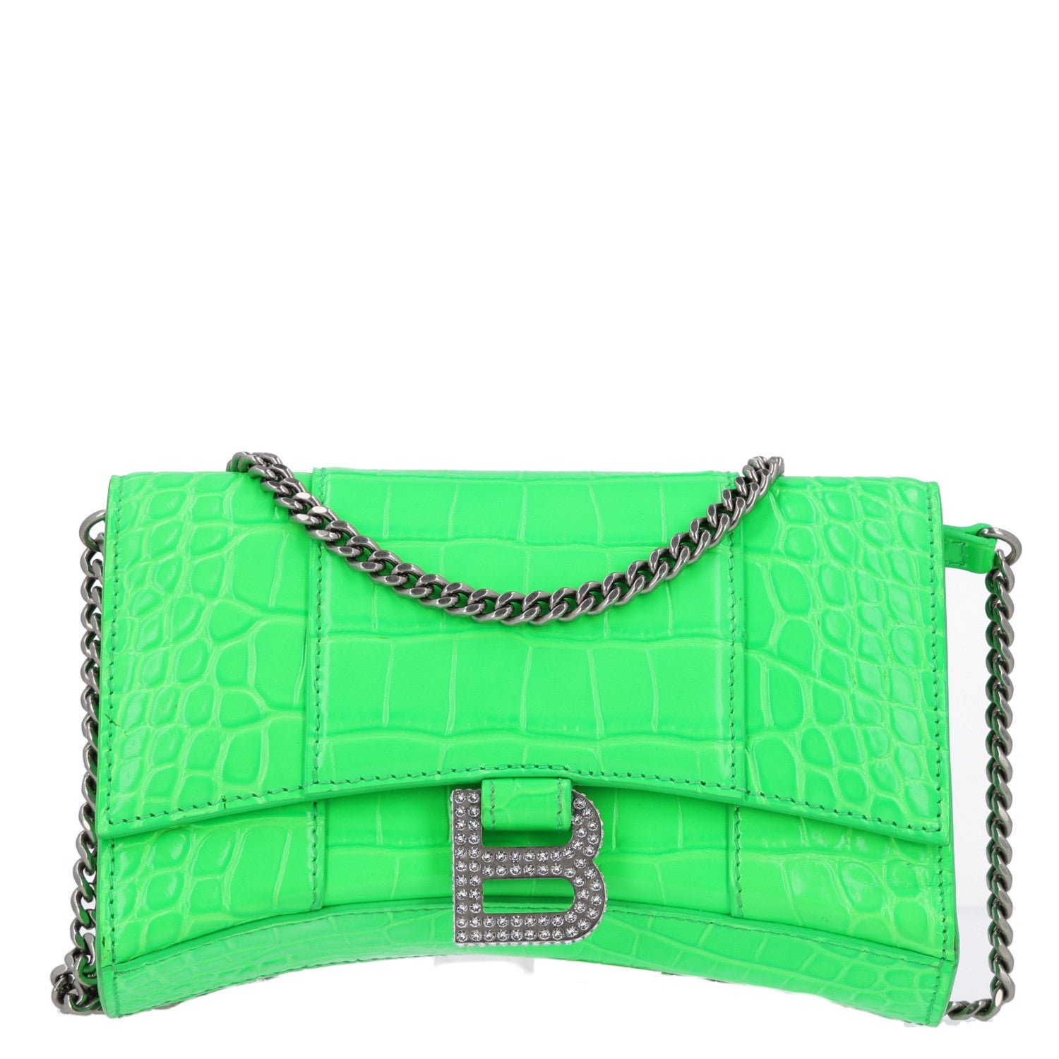 Balenciaga Shiny Calfskin Strass Crocodile Embossed Hourglass Chain Bag Fluo Green