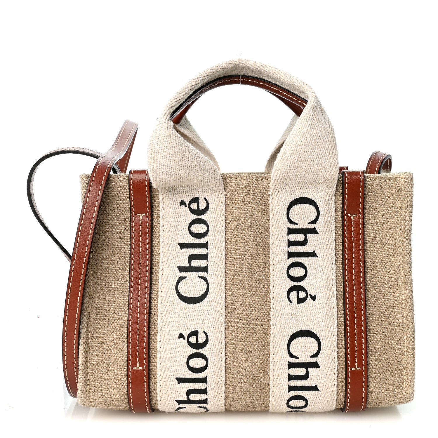 Chloe Cotton Calfskin Mini Woody Ribbon Tote White Brown White Brown