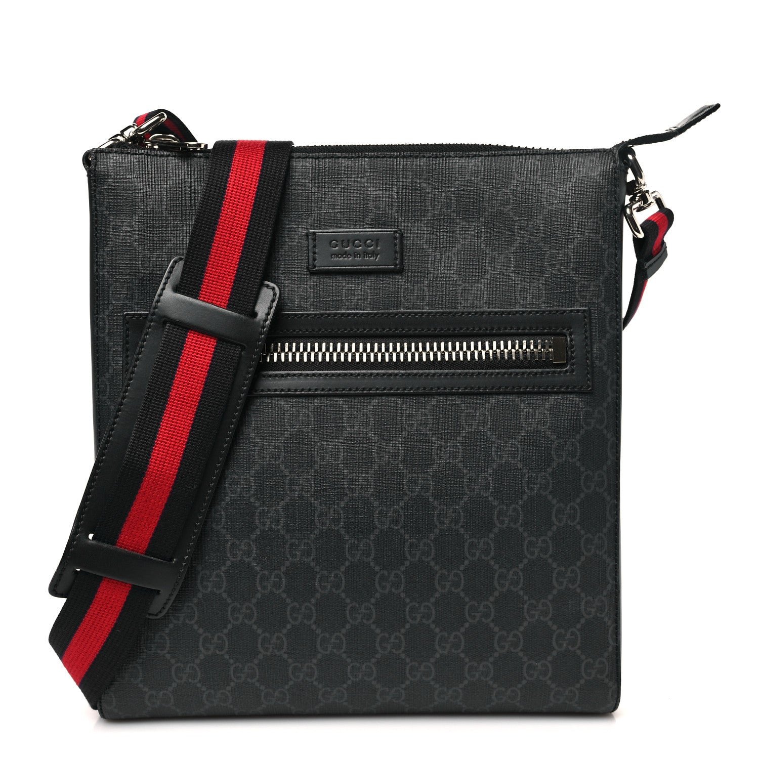 Gucci GG Supreme Monogram Web Small Flat Messenger Bag Black Grey