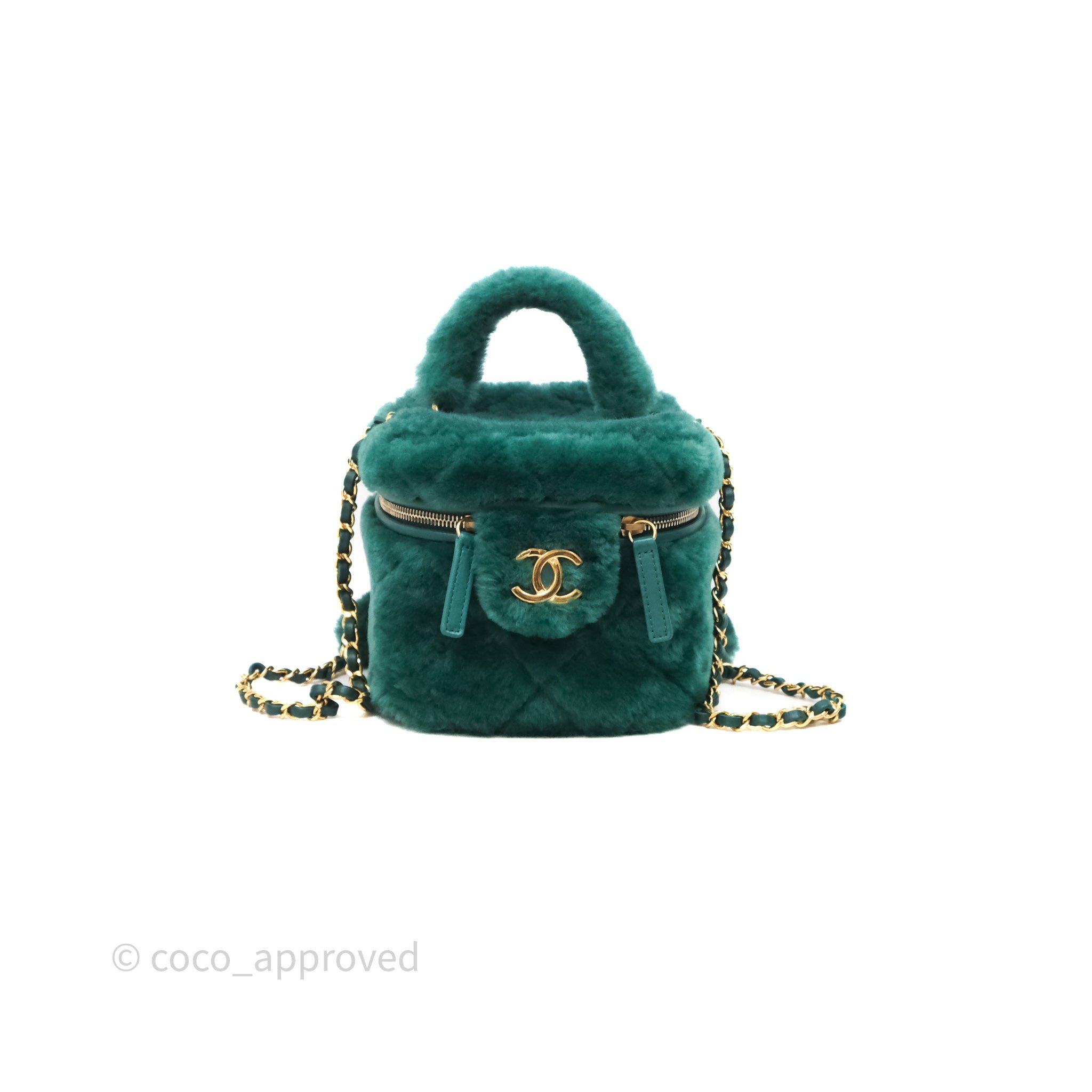 Chanel Small Vanity Case Green Shearling Aged Gold Hardware 22A