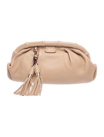 Bamboo Beige Leather Bamboo Frame Tassel Clutch
